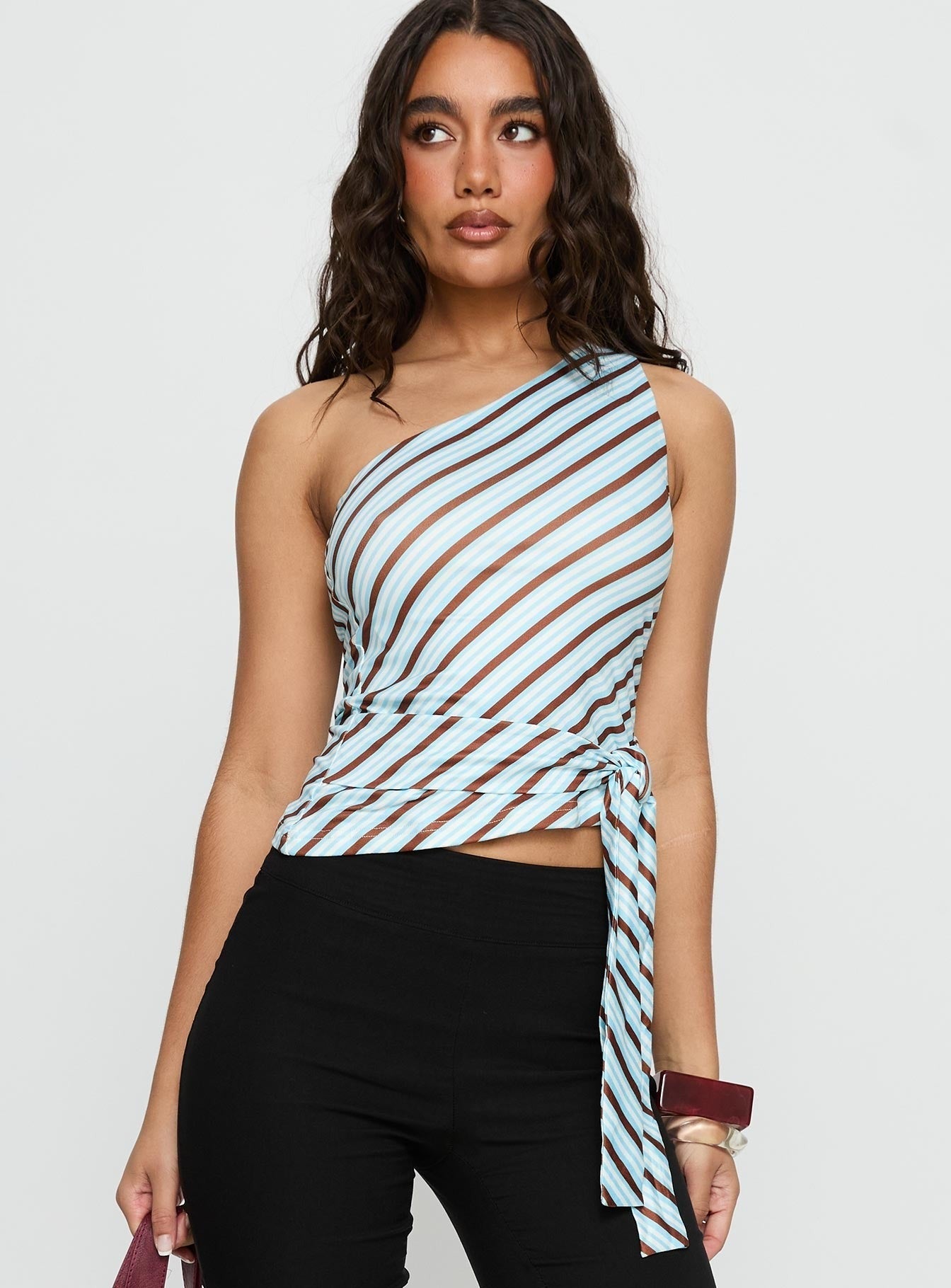 Ranae One Shoulder Tie Detail Top Blue Stripe