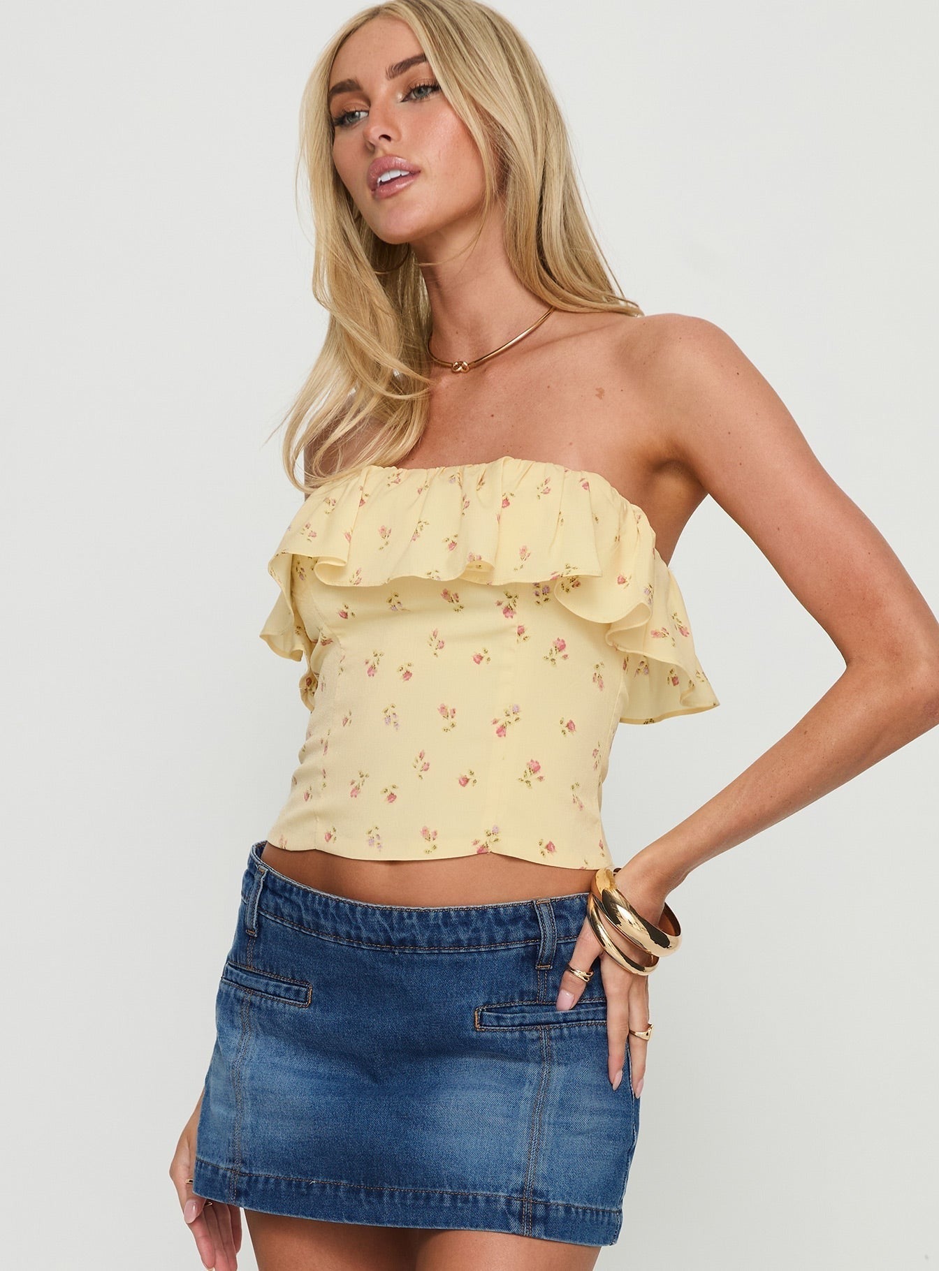 Ursella Strapless Frill Detail Top Yellow Floral