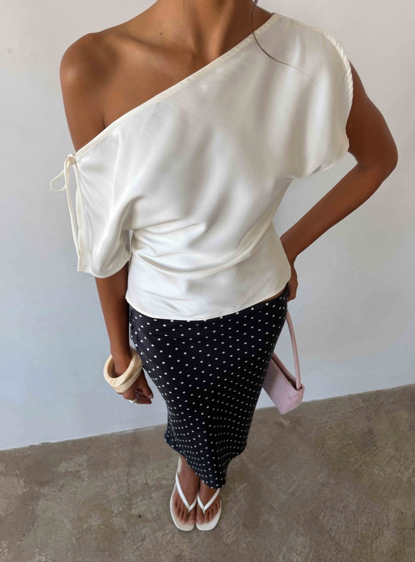 Faisa Off Shoulder Satin Top Cream