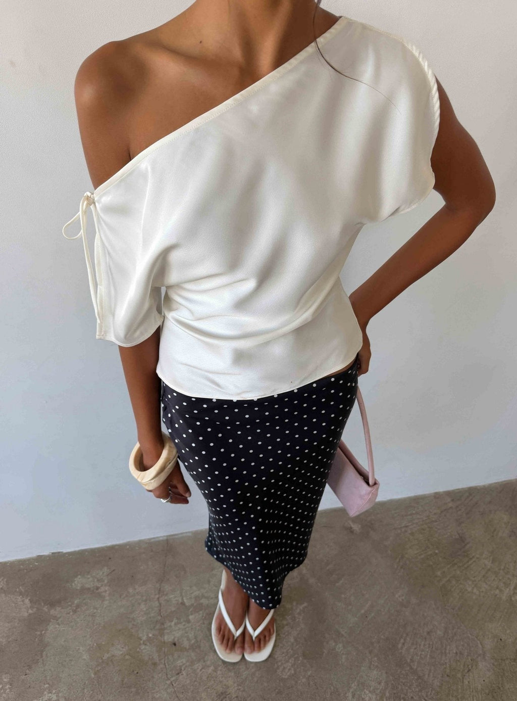 Faisa Off Shoulder Satin Top Cream