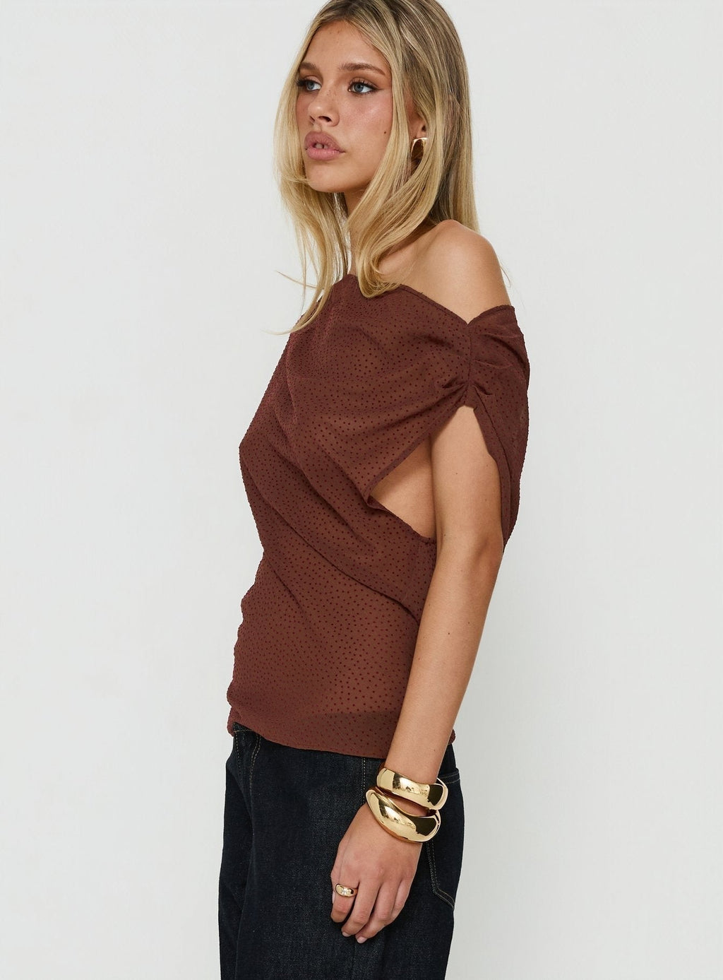 Orya Sheer Drape Off Shoulder Top Brown