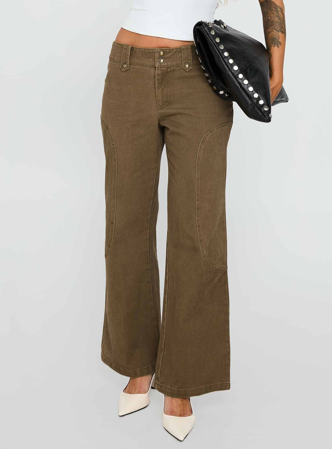 Cuzco Low Rise Flared Cargo Jeans Dark Khaki