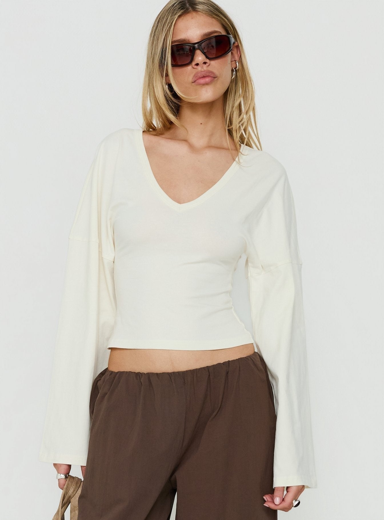 Dance With Shadows Batwing V Neck Long Sleeve Top Cream