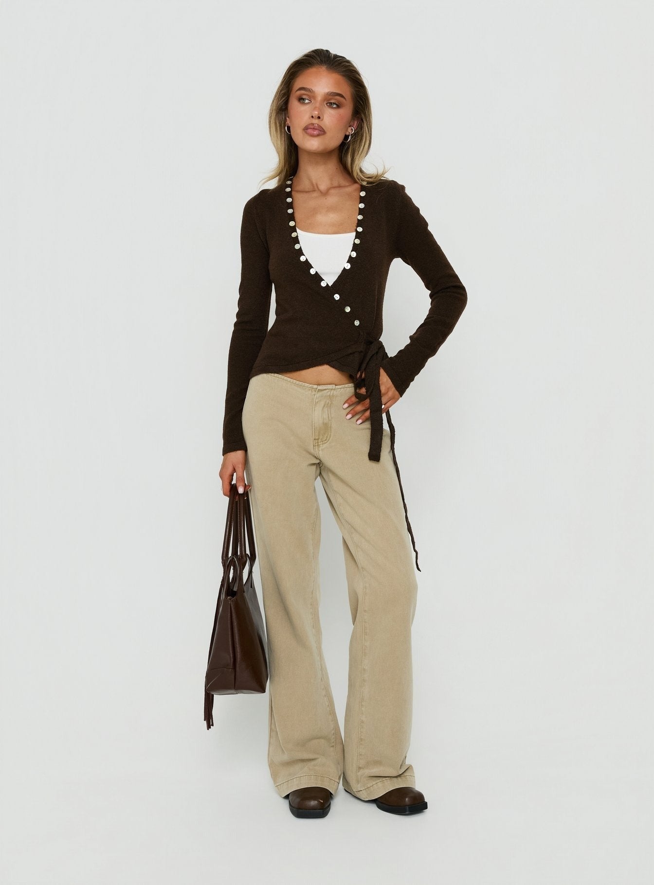 Edella Wrap Knit Button Sweater Brown
