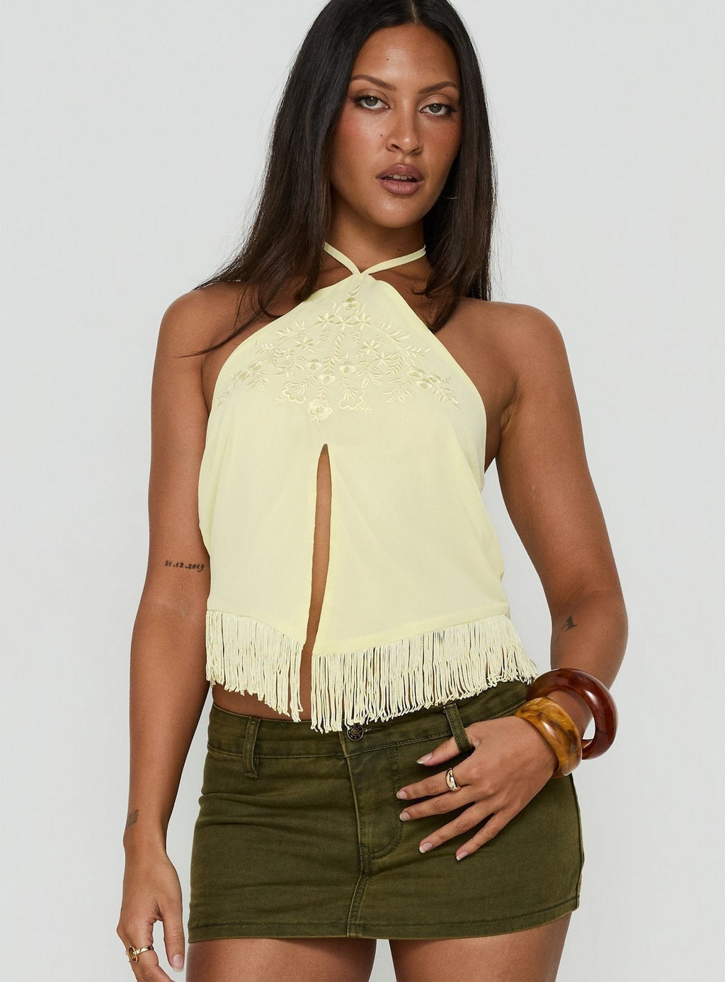 Junaya Arrowneck Fringe Detail Top Lemon