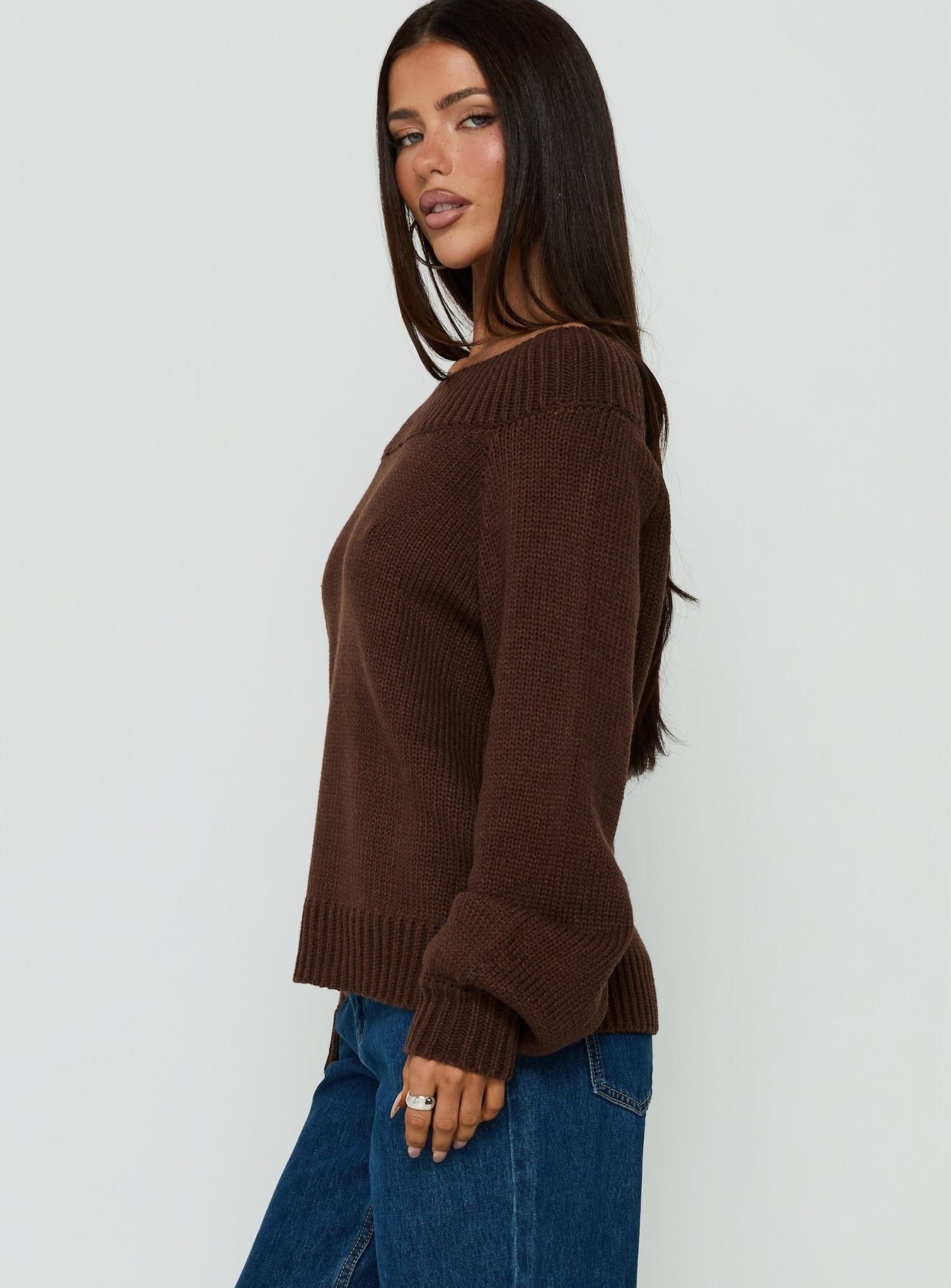 Always Be There Off Shoulder Knit Jumper Brown