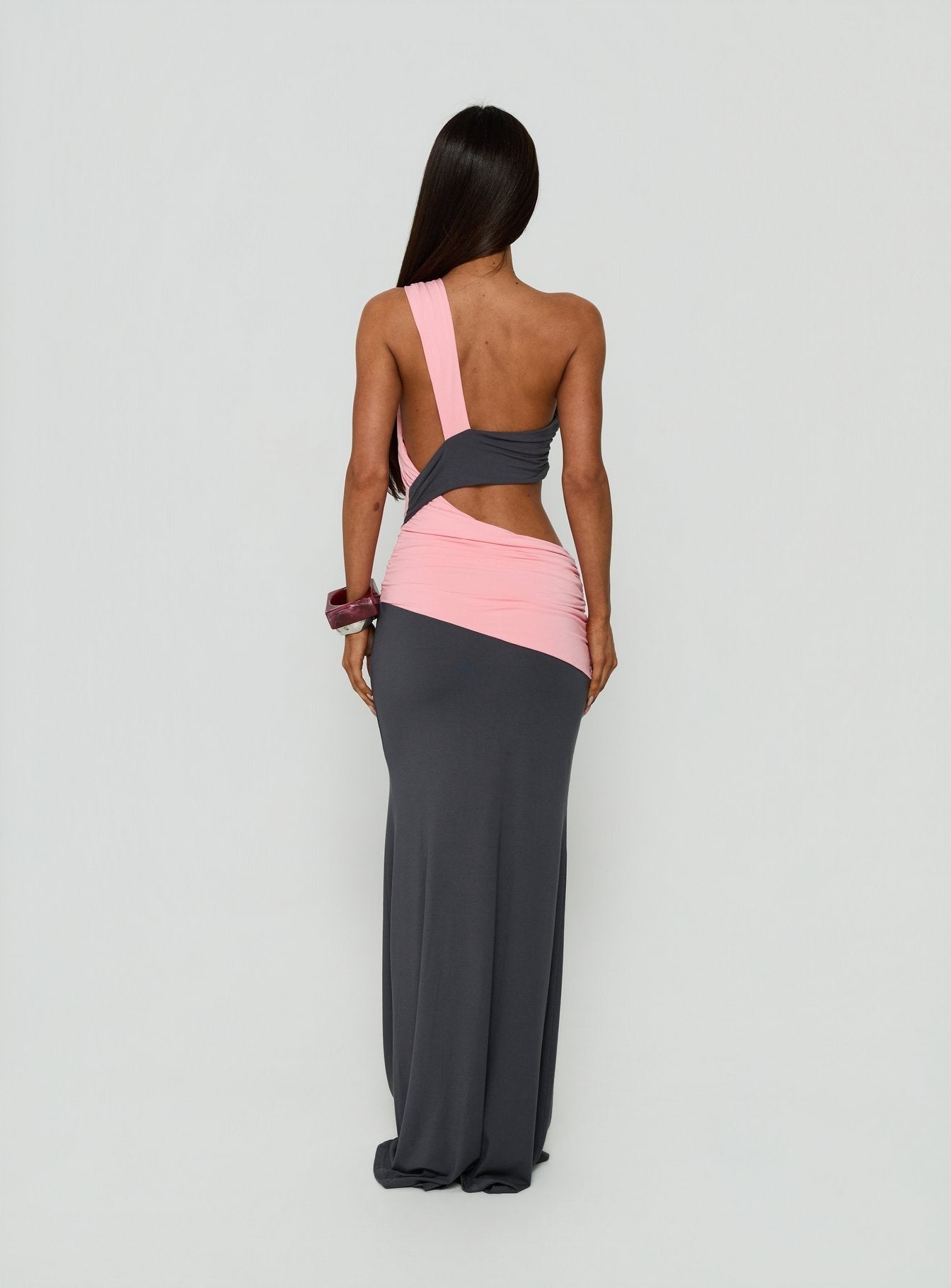 Loletta Draped One Shoulder Maxi Dress Charcoal / Pink