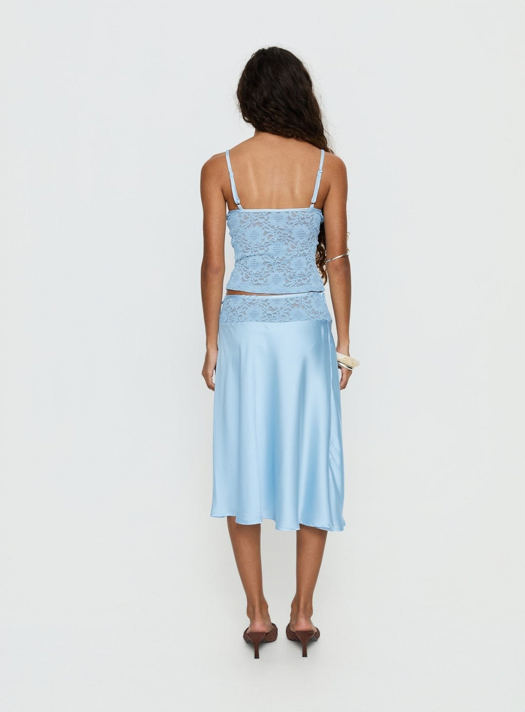 Evlin Lace Detail Satin Midi Skirt Blue