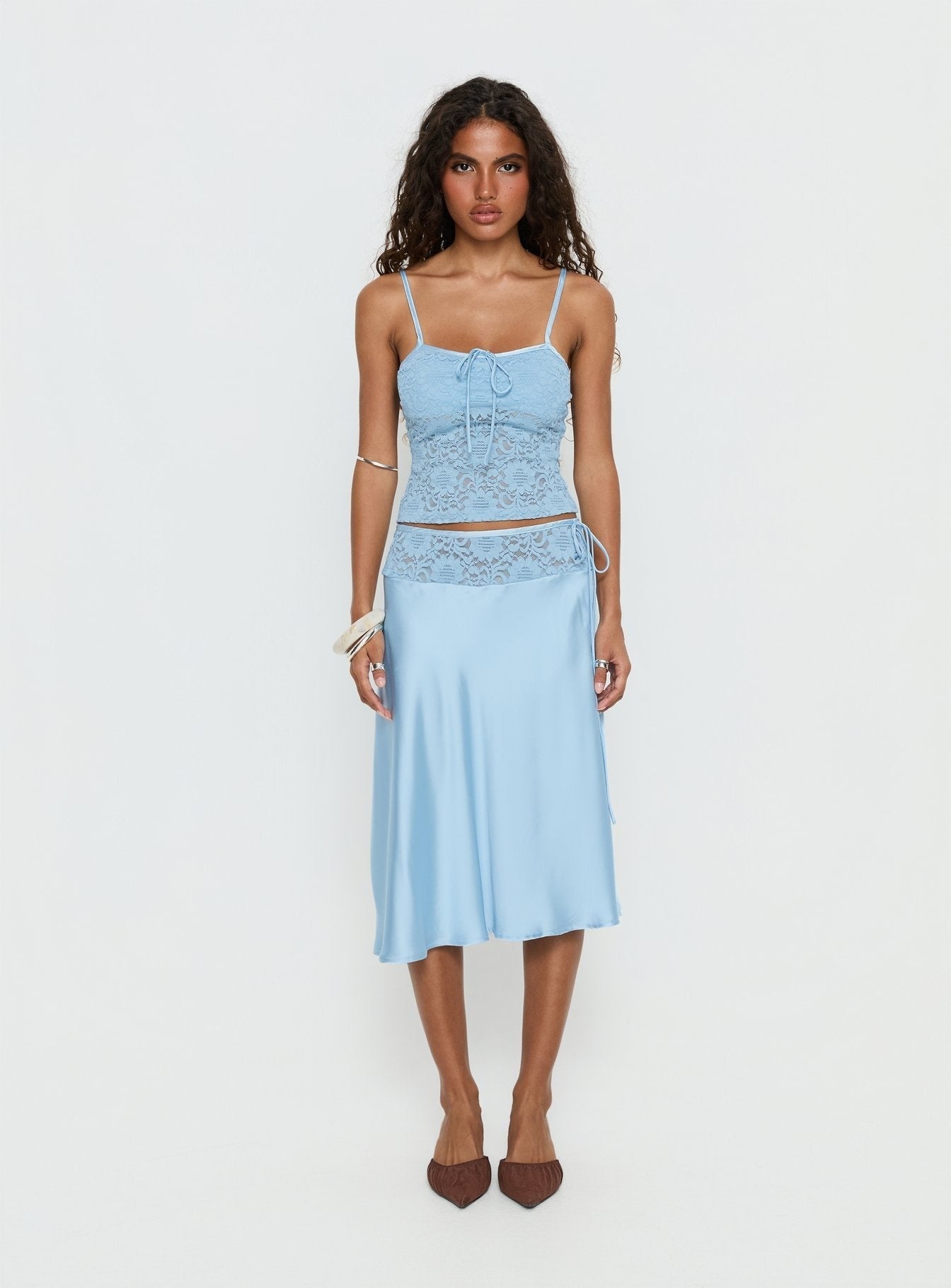 Evlin Lace Detail Satin Midi Skirt Blue
