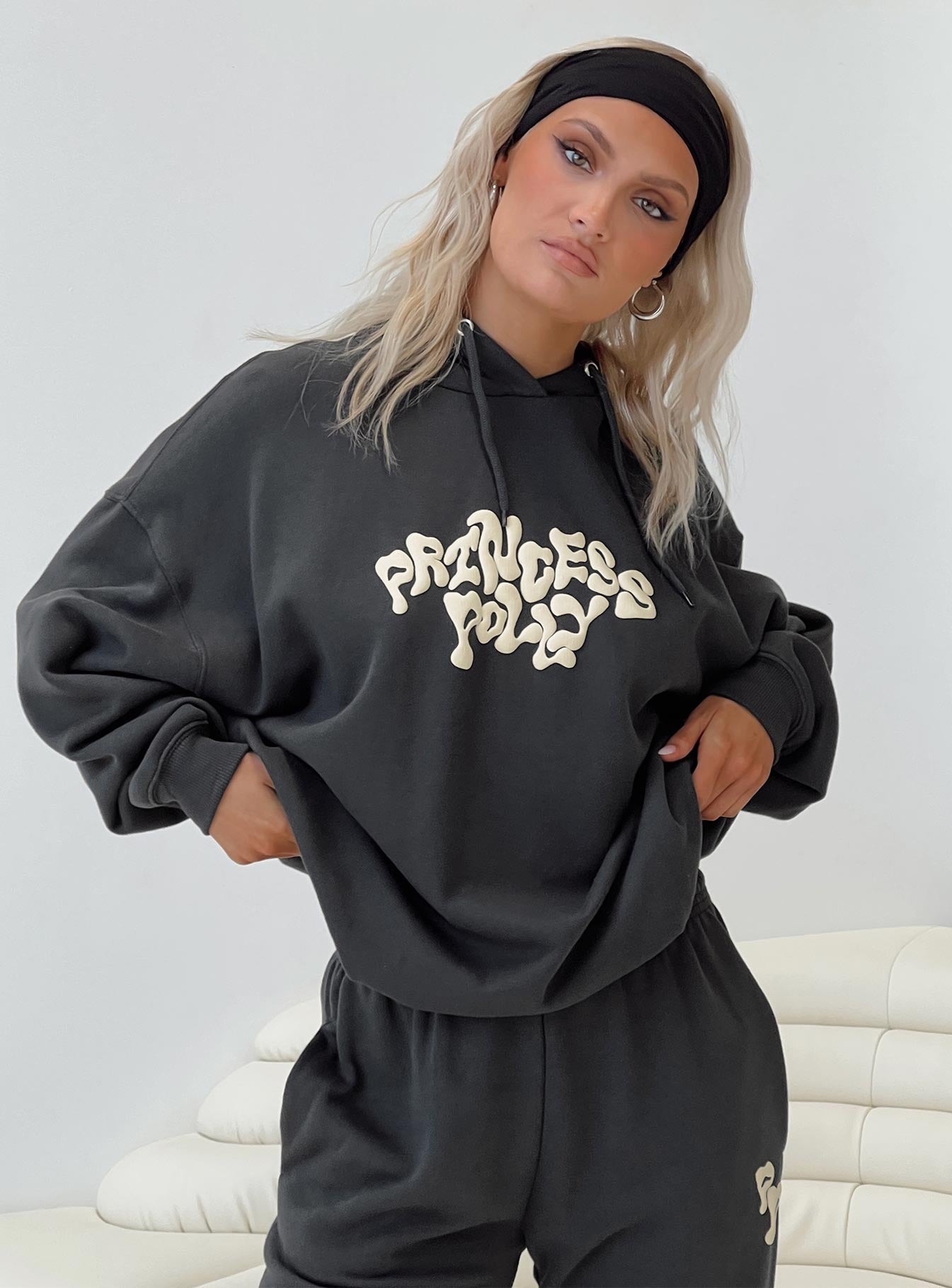 Princess Polly Hooded Sweatshirt Squiggle Text Black Sand / Eggshell