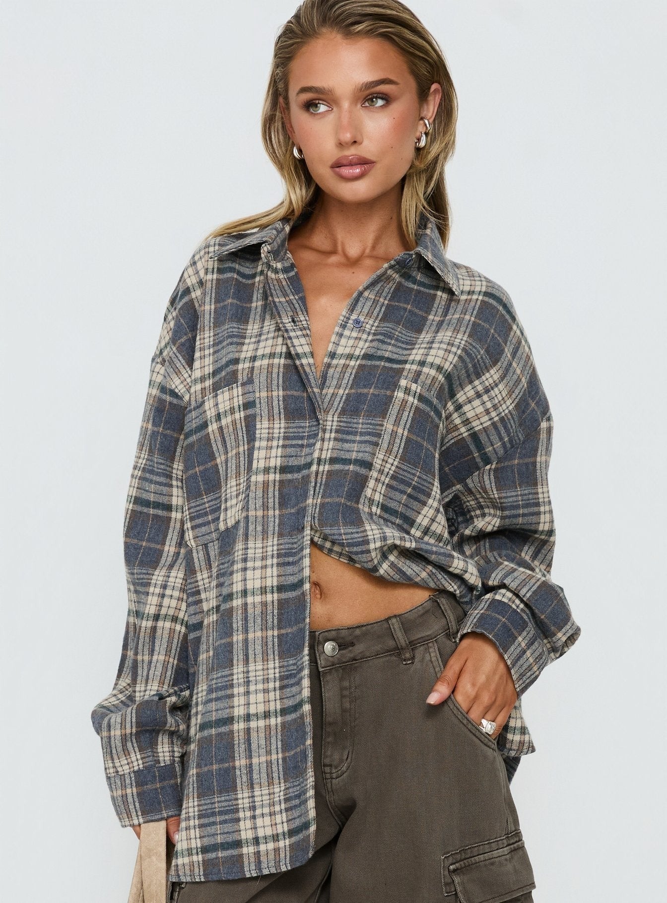 Clarity Oversized Long Sleeve Shirt Ash Plaid