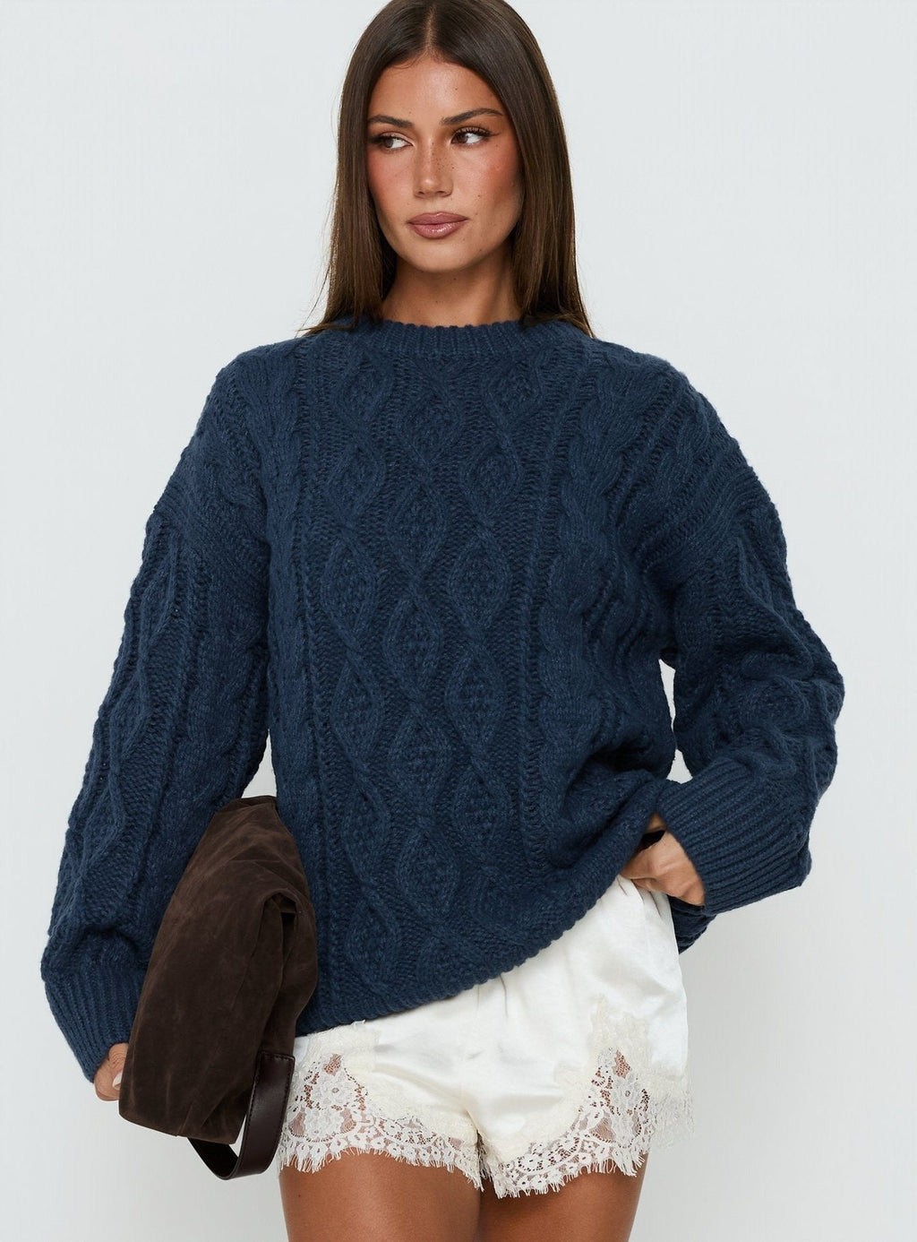 Rorey Cable Knit Crew Neck Sweater Navy