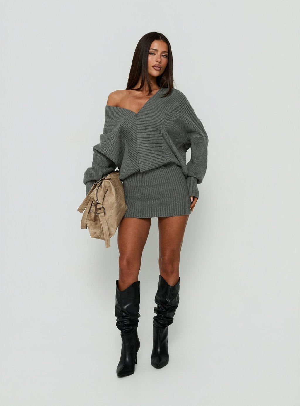Jolanda Long Sleeve Plunge Knit Mini Dress Charcoal