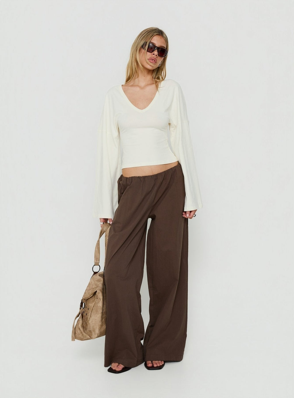 Dance With Shadows Batwing V Neck Long Sleeve Top Cream