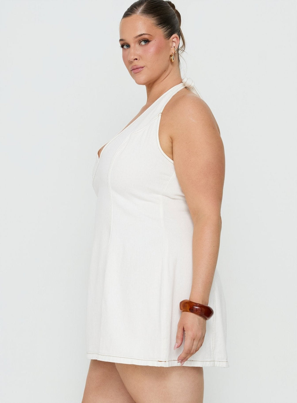 Say Goodnight Denim Halter Mini Dress Cream Curve