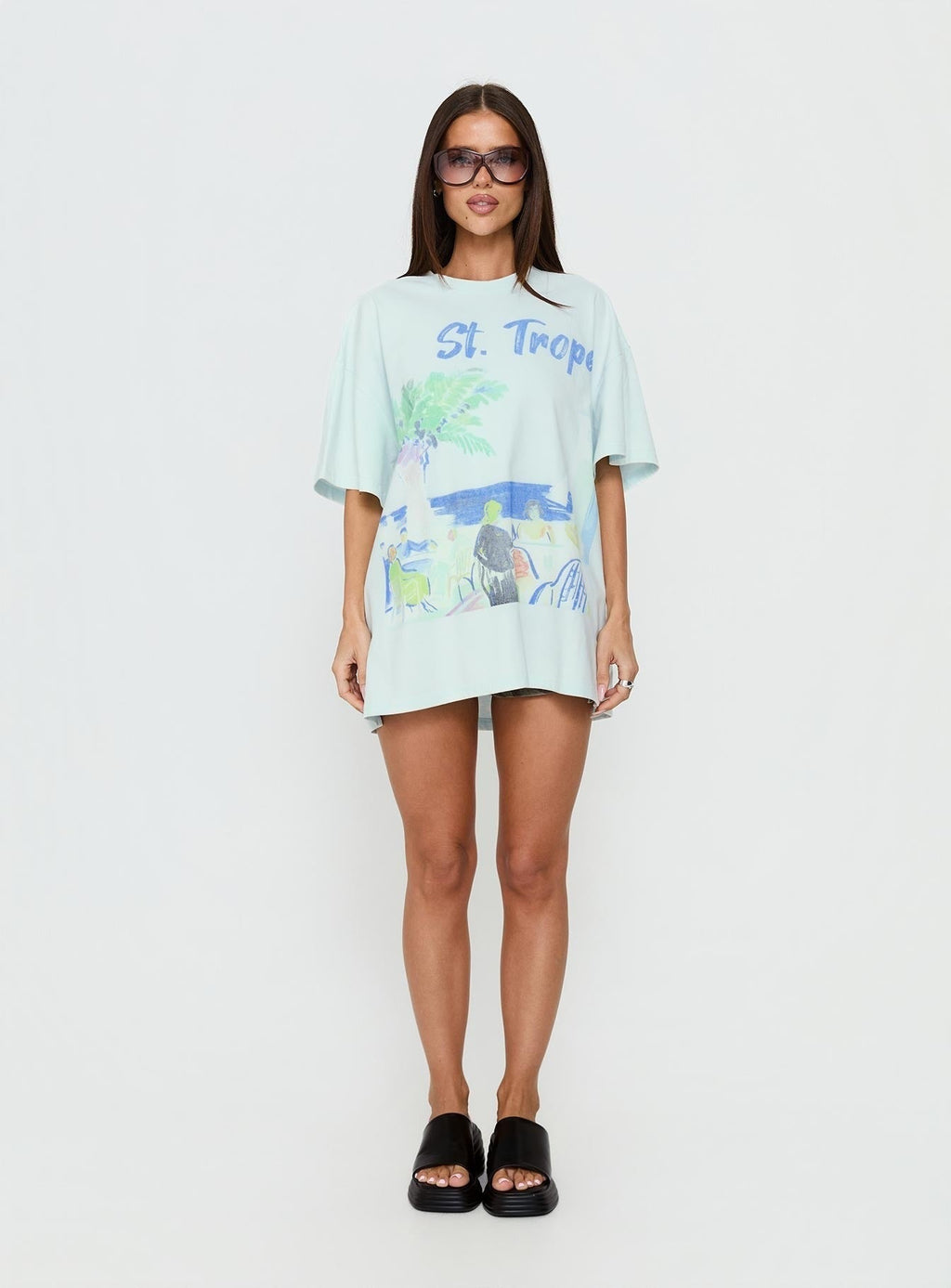 St Tropez Postcards Oversized Graphic Tee Washed Blue