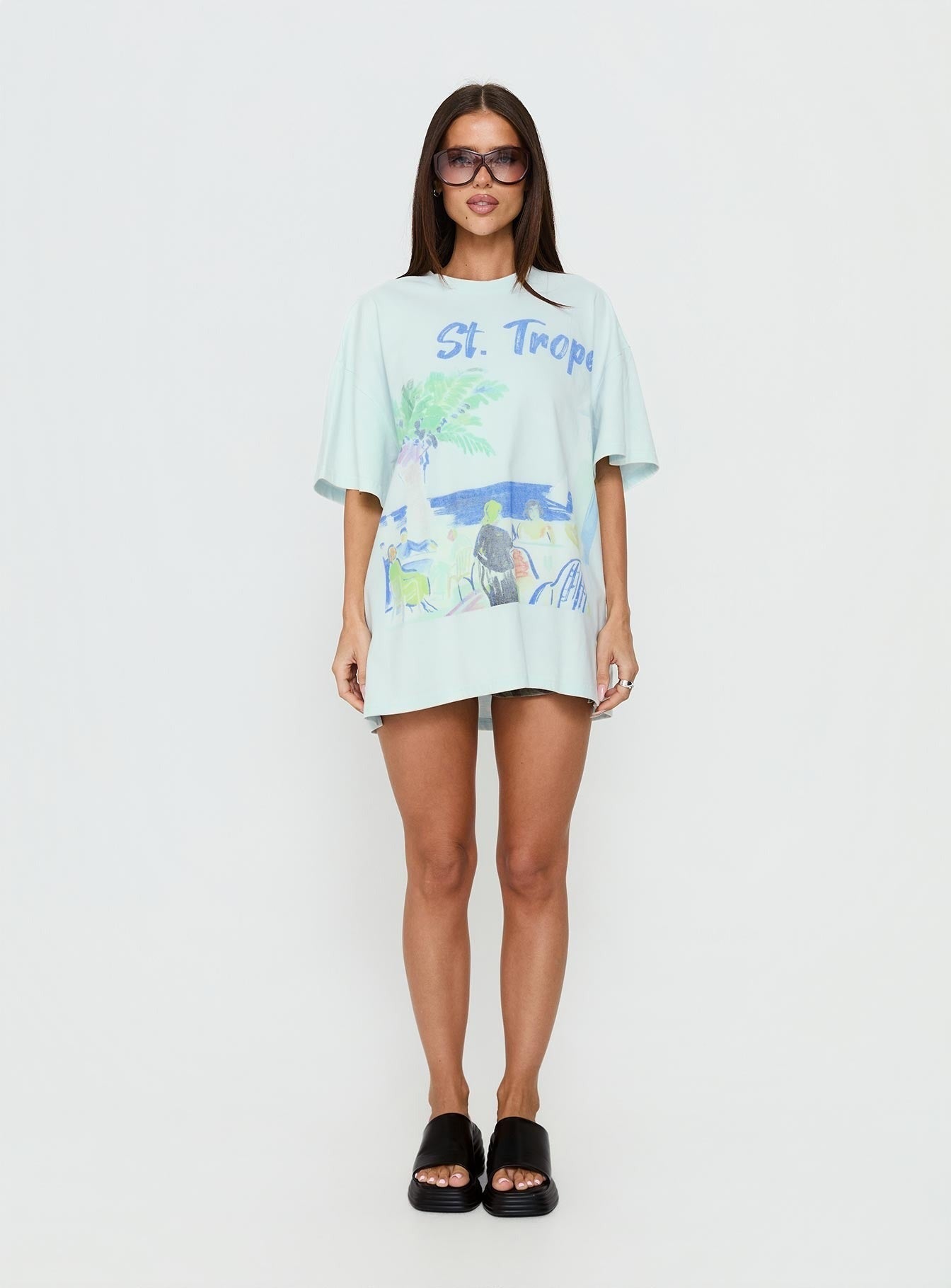 St Tropez Postcards Oversized Graphic Tee Washed Blue
