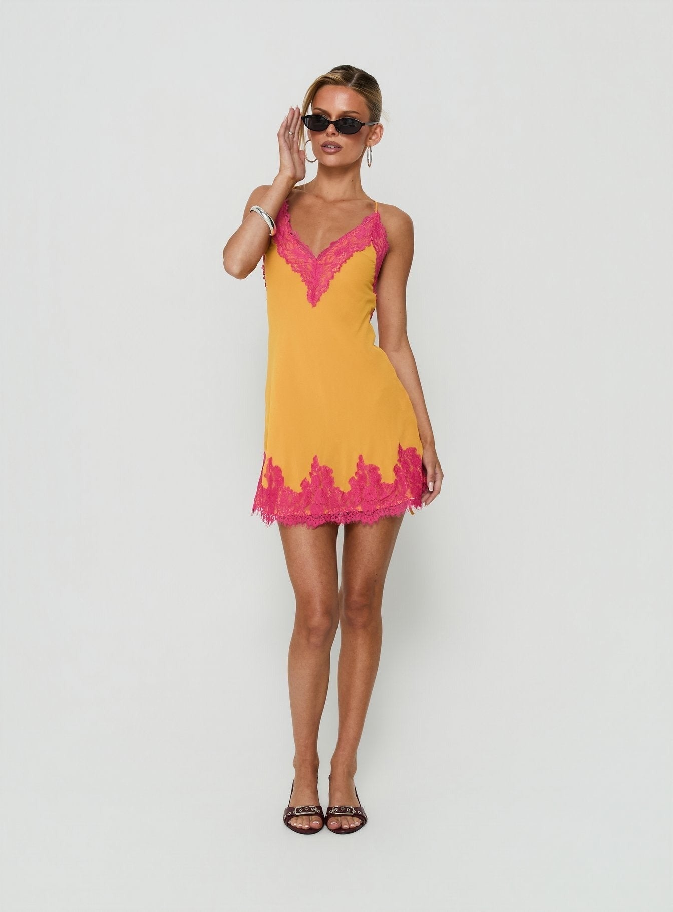 Call My Lover Lace Slip Mini Dress Gold / Fuchsia