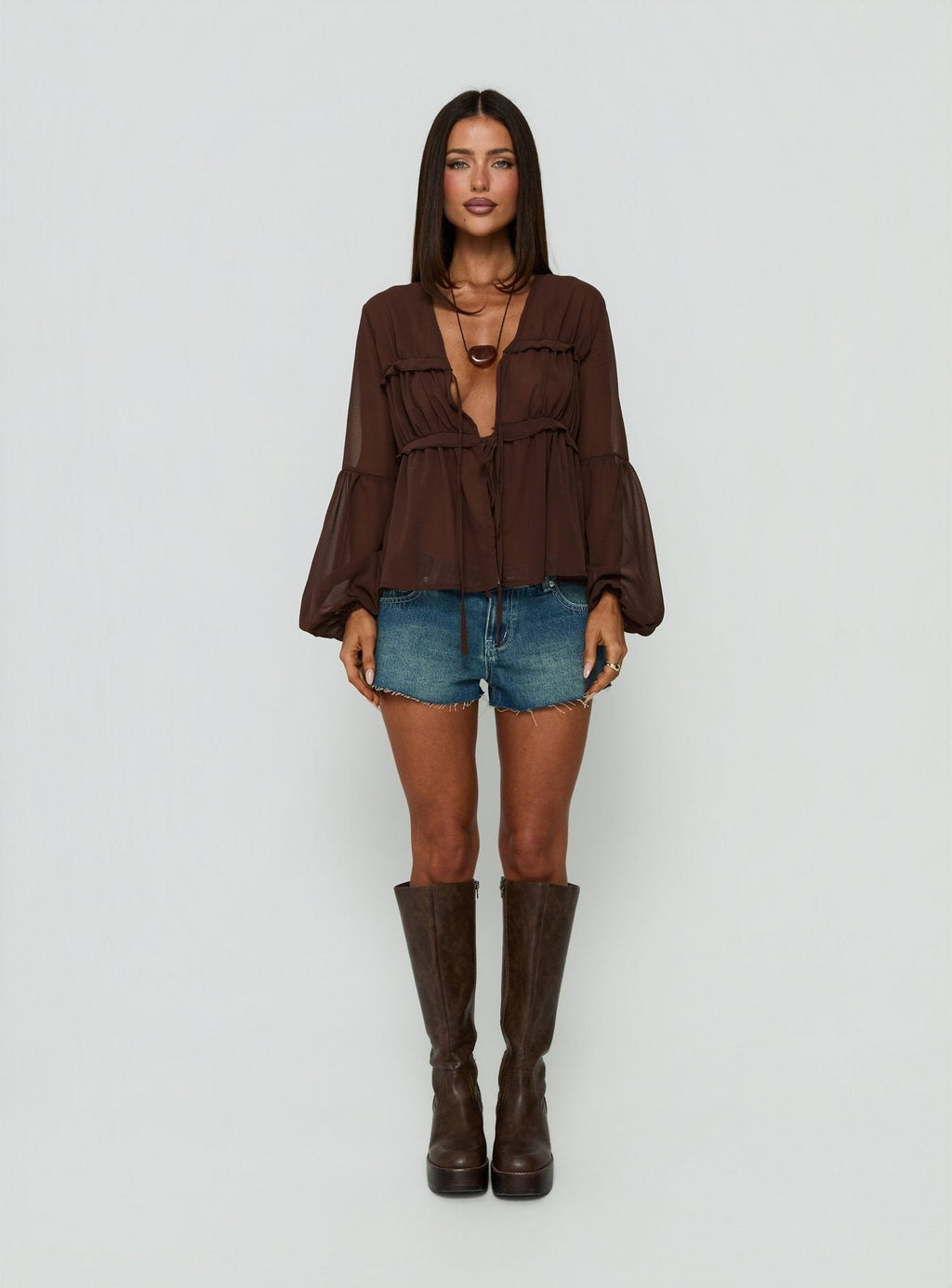 Chasing Sunsets Sheer Long Sleeve Top Chocolate