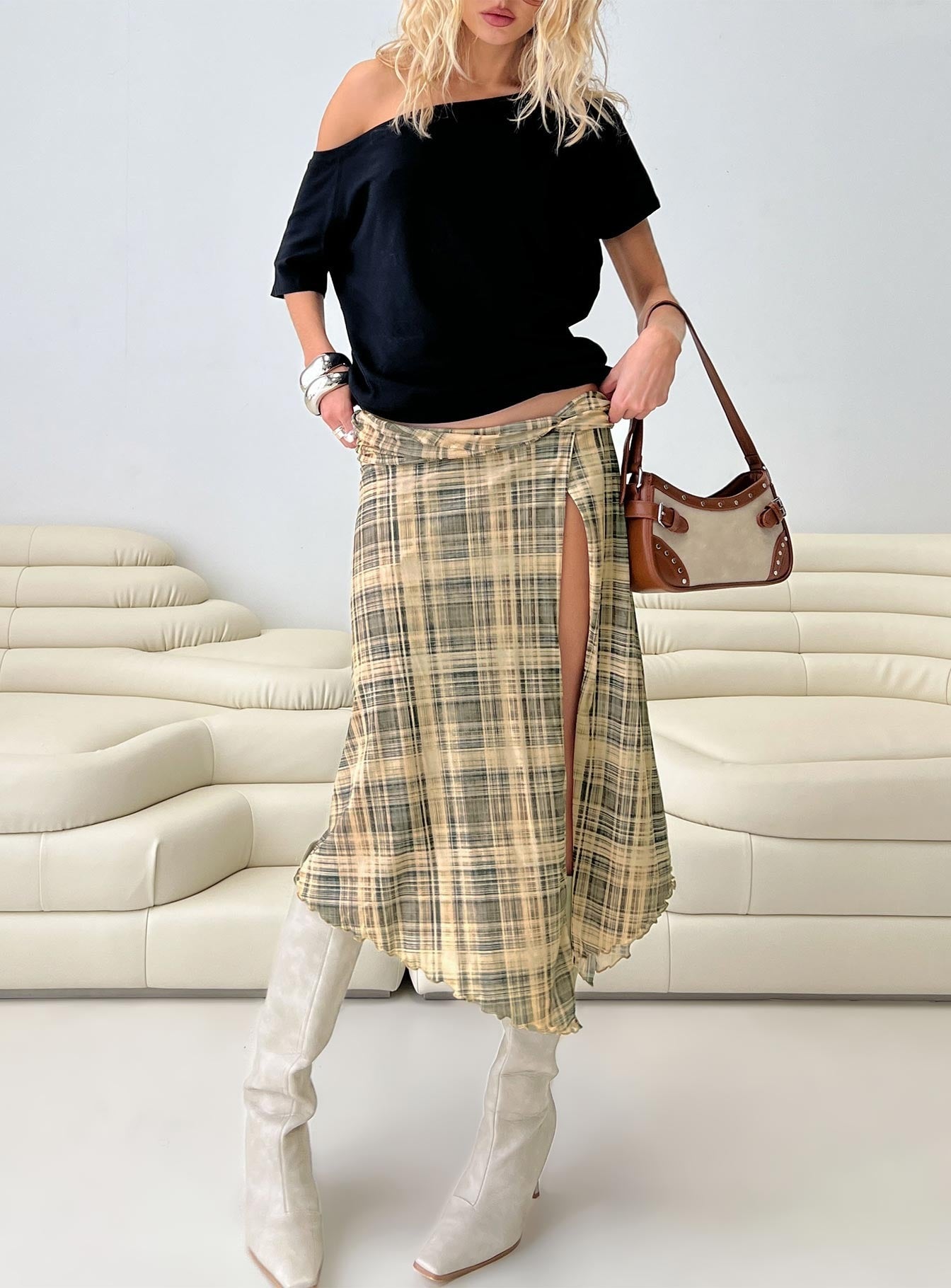 Rhaina Draped Asymmetrical Midi Skirt Yellow Check