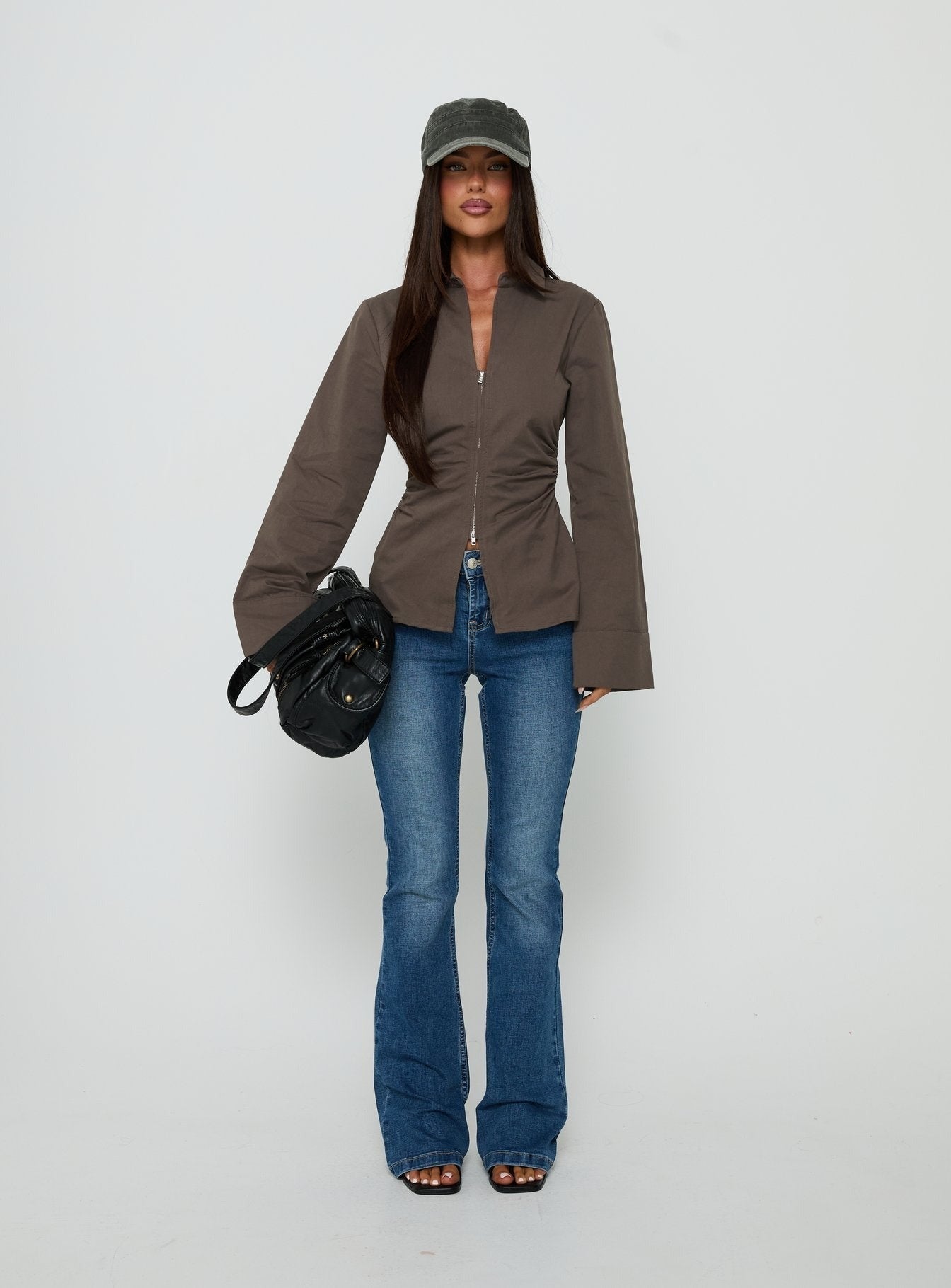 Delvira Cinched Long Sleeve Top Charcoal