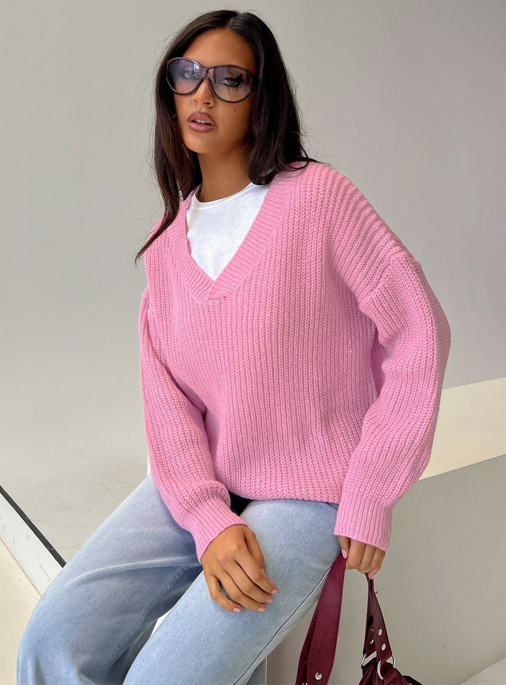 Zoea V Neck Knit Sweater Pink