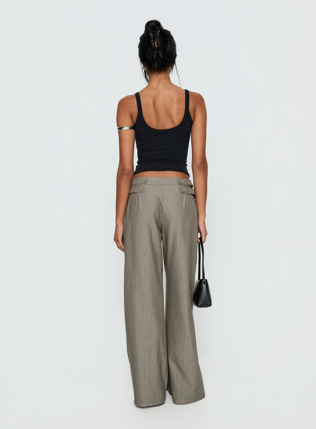 Jette Tailored Buckle Pant Taupe Pinstripe