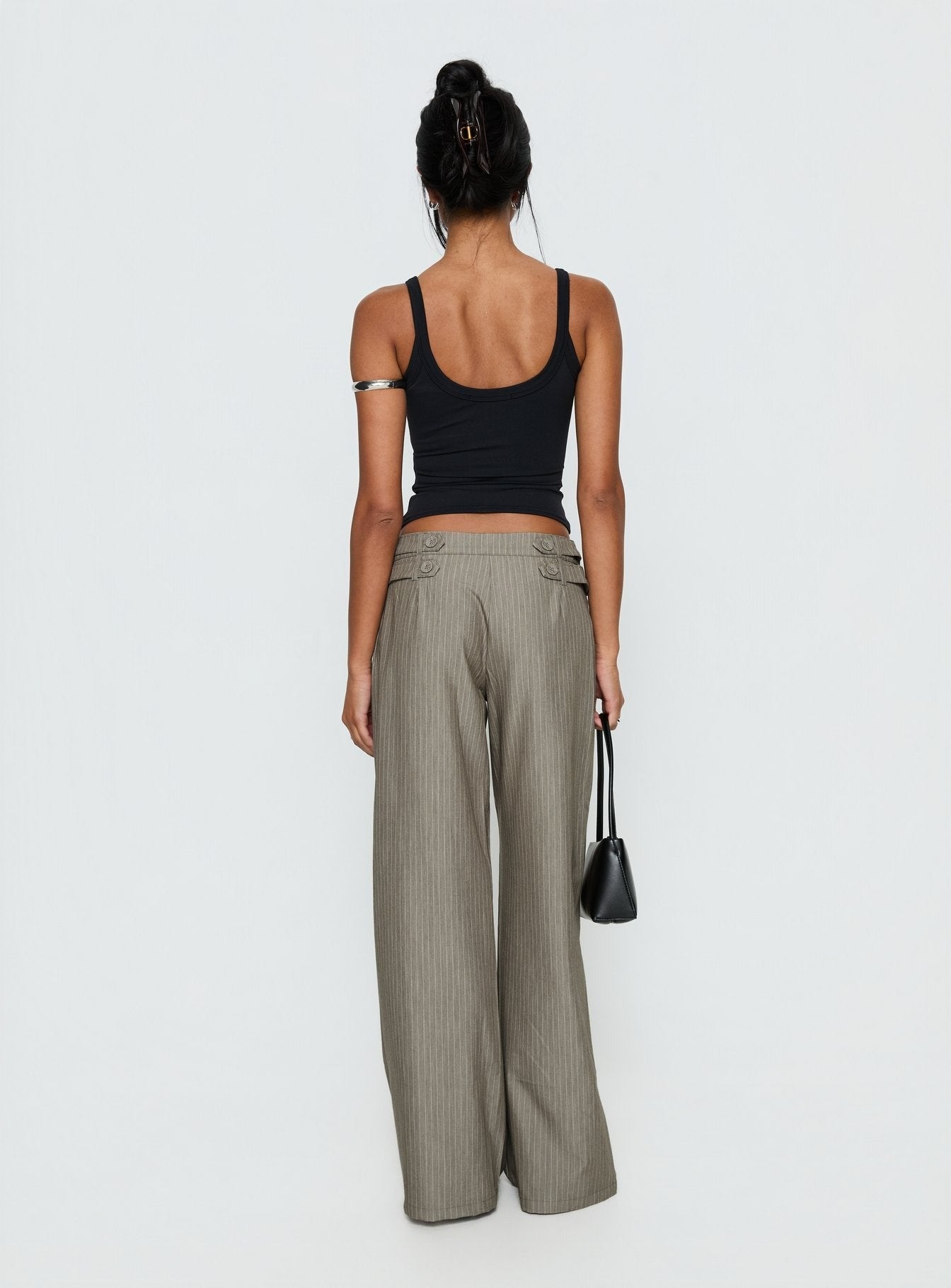Jette Tailored Buckle Pant Taupe Pinstripe