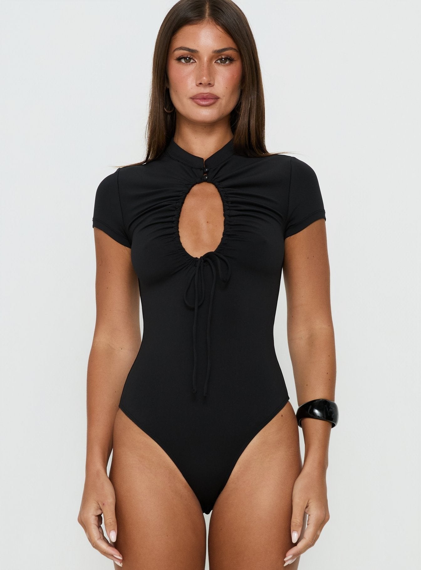Maeci Ruched Tie Detail Bodysuit Black