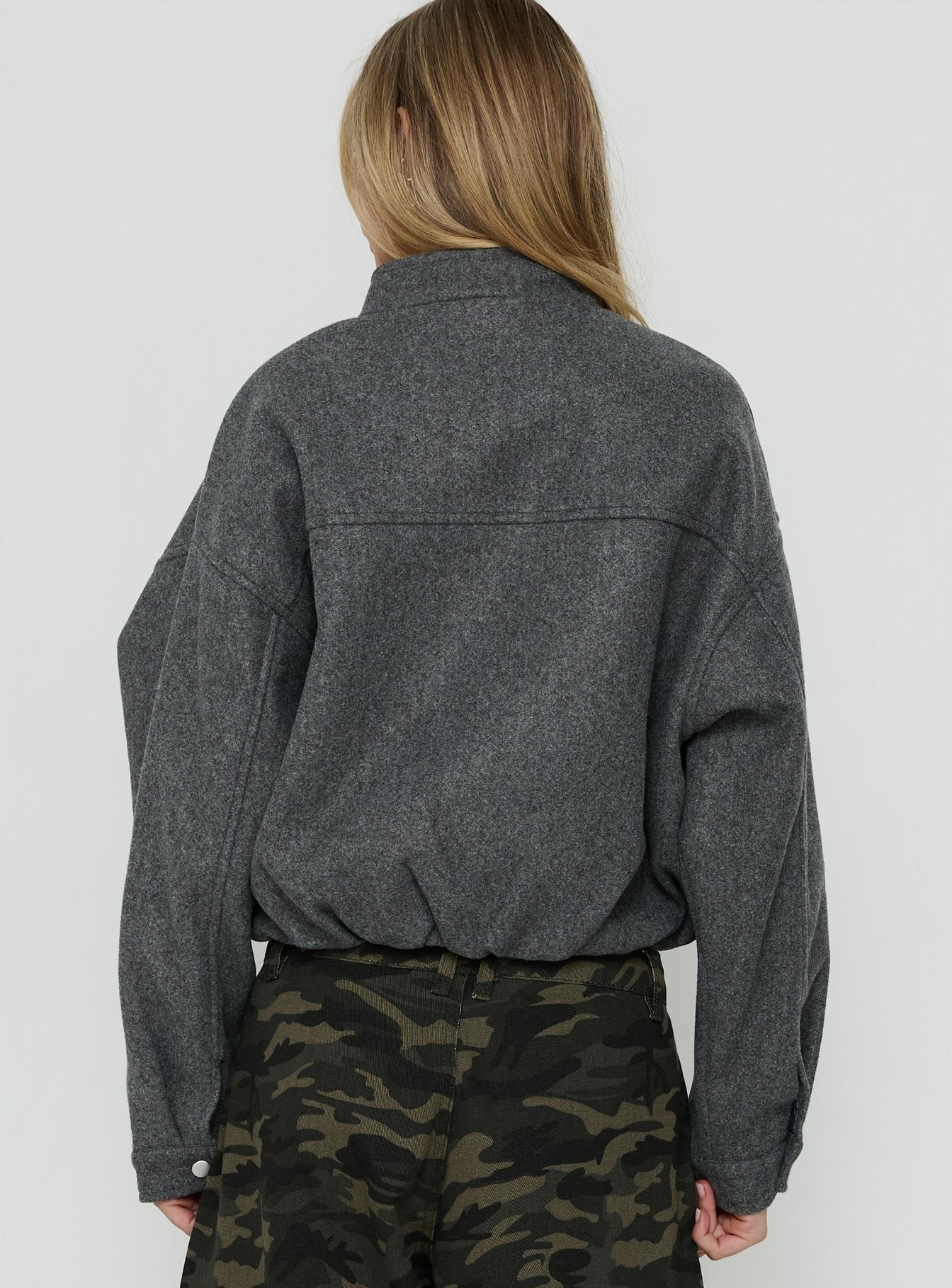 Chayden Cropped Faux Wool Bomber Jacket Grey