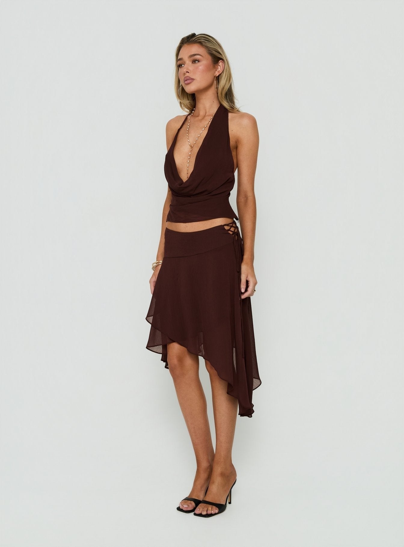 Evaleine Asymmetrical Chiffon Midi Skirt Chocolate