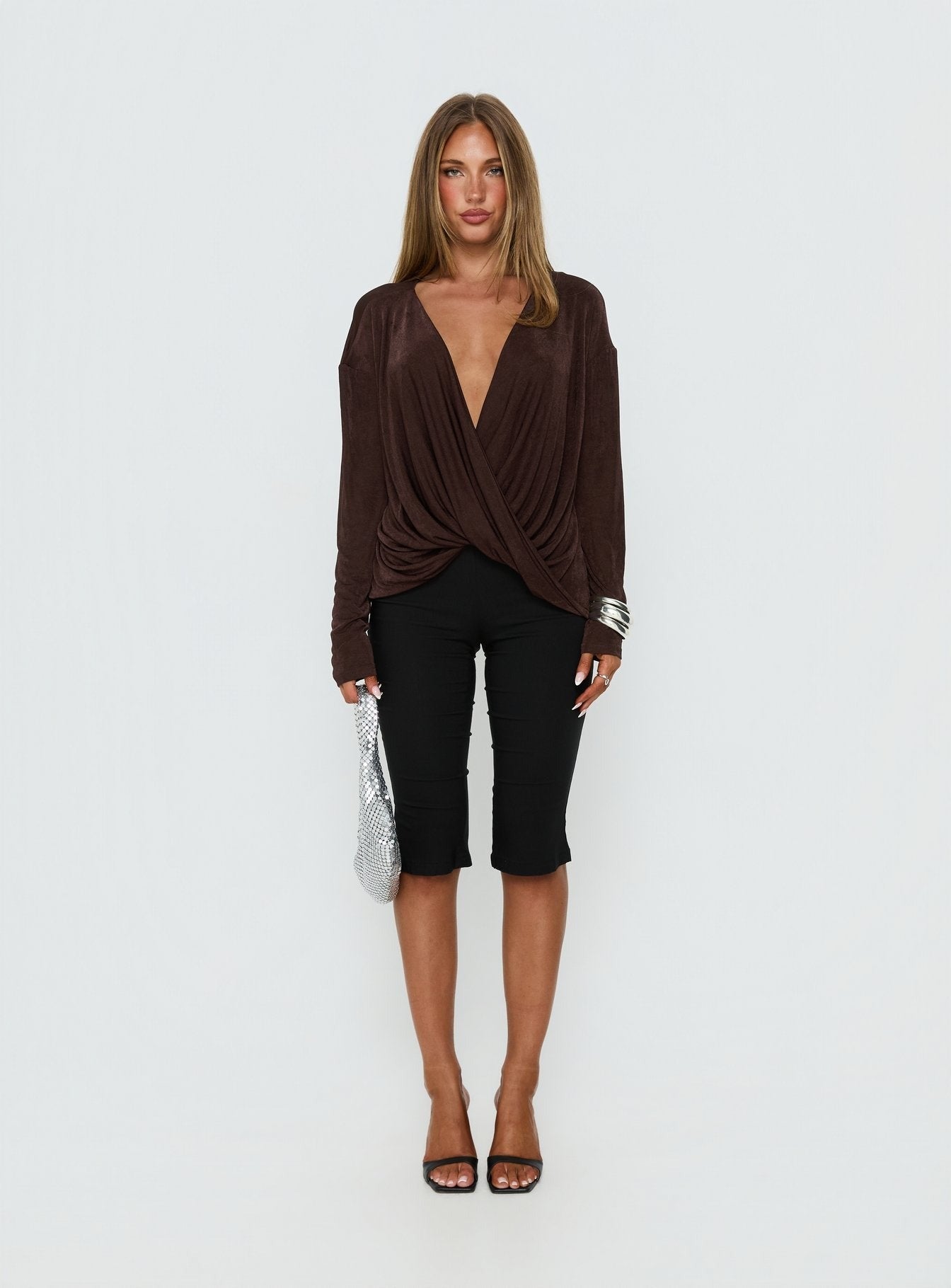 Tit For Tat Long Sleeve Draped Top Chocolate
