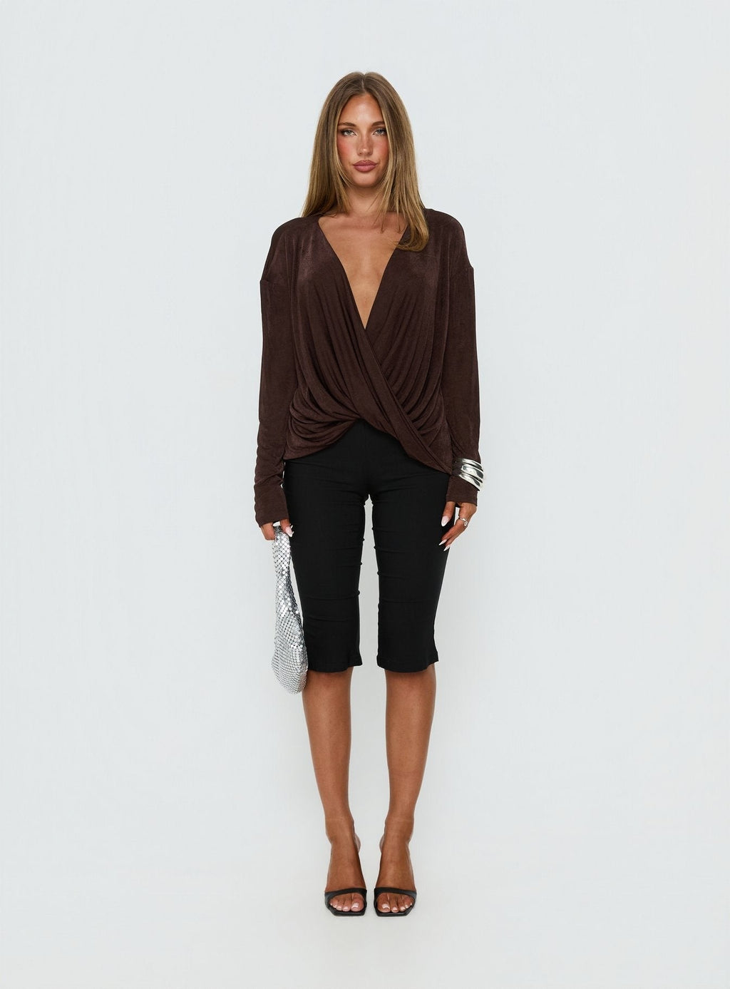 Tit For Tat Long Sleeve Draped Top Chocolate