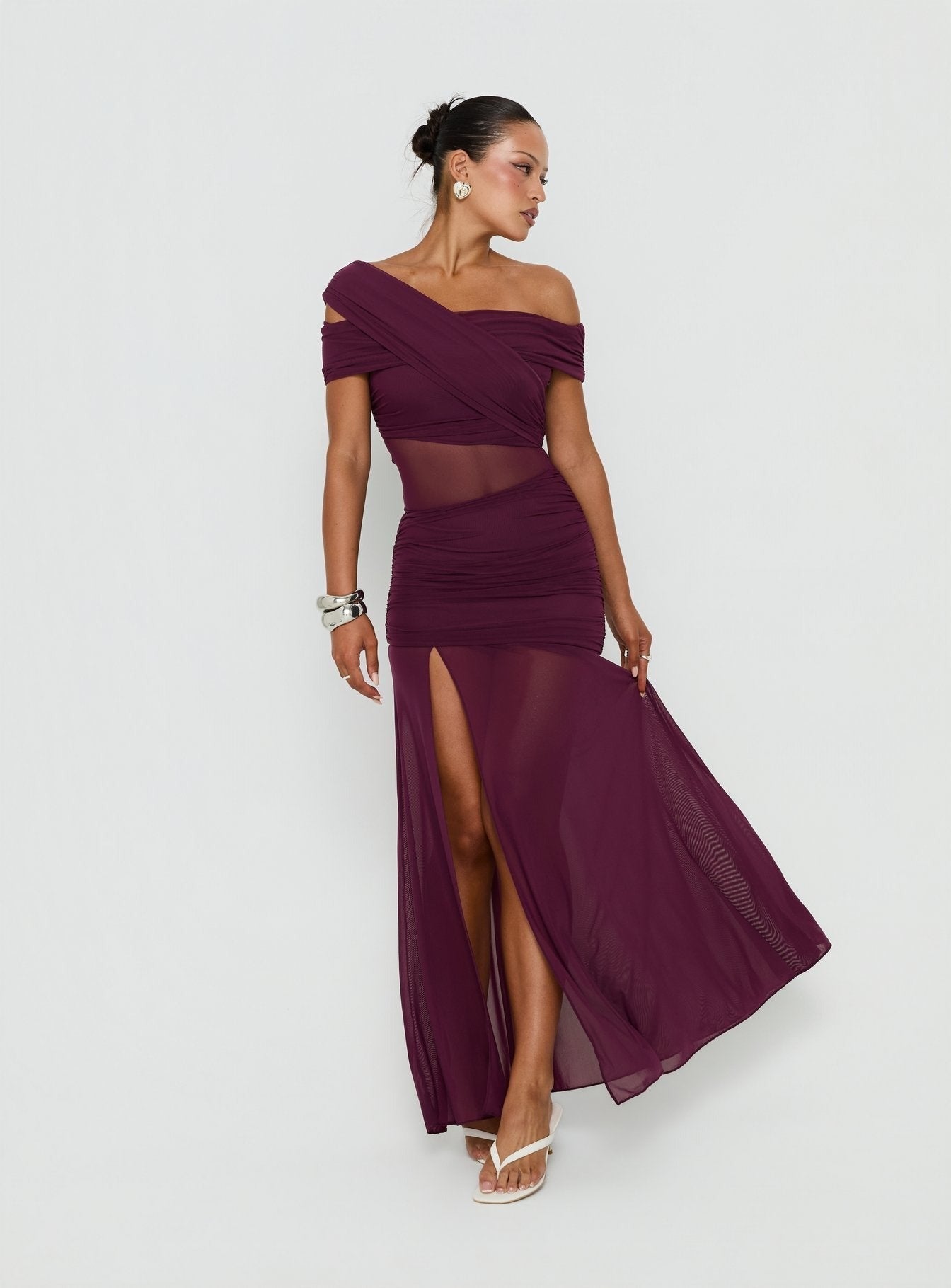 Loran Mesh Draped Maxi Dress Wine