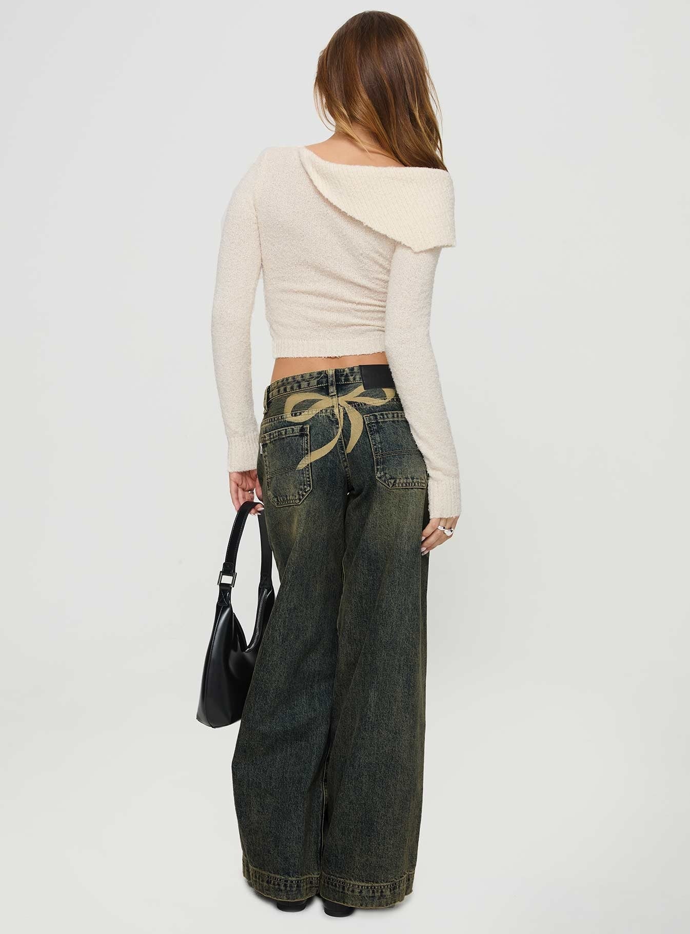 Ribbon Stamp Low Rise Wide Leg Jeans Antique Wash Petite