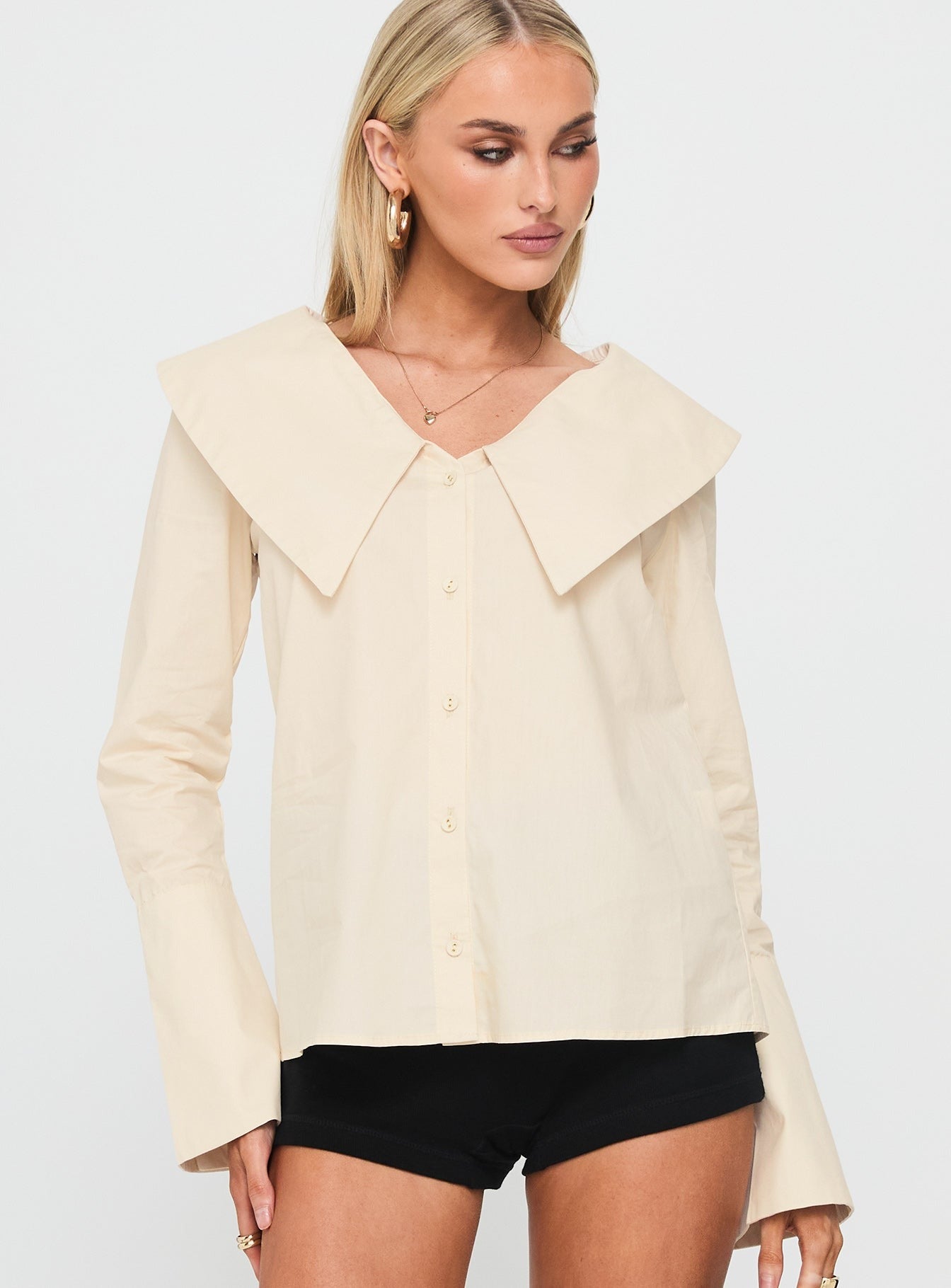 Zelina Oversized Collar Long Sleeve Top Beige