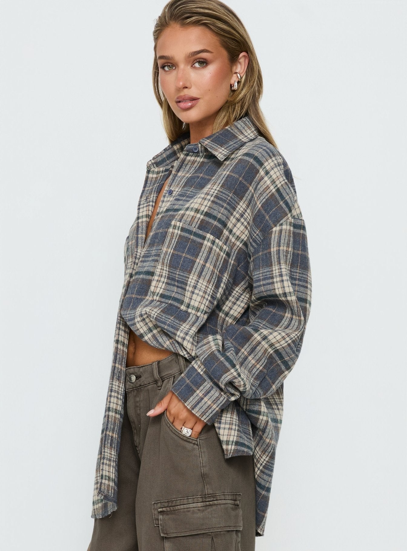 Clarity Oversized Long Sleeve Shirt Ash Plaid