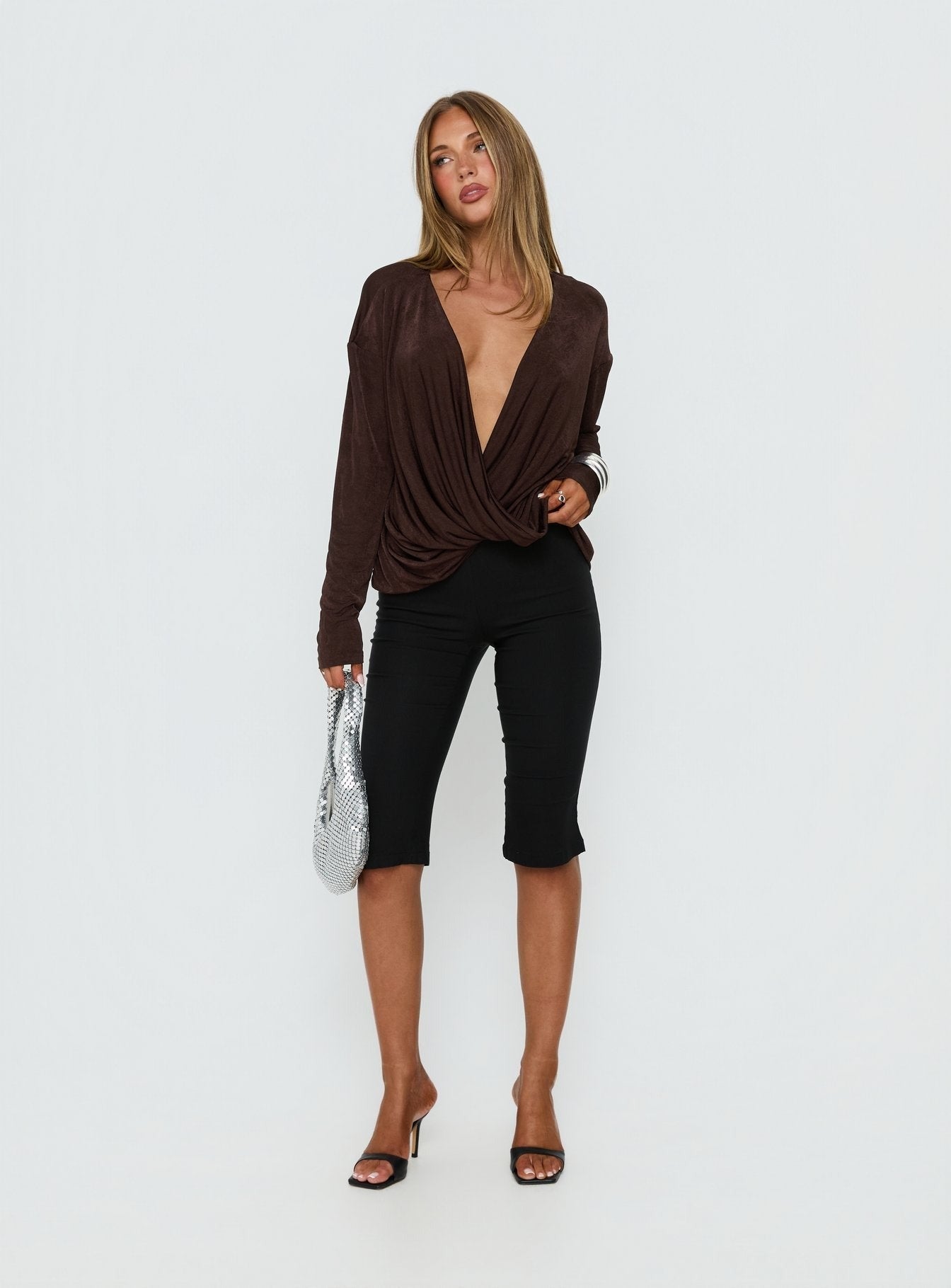 Tit For Tat Long Sleeve Draped Top Chocolate