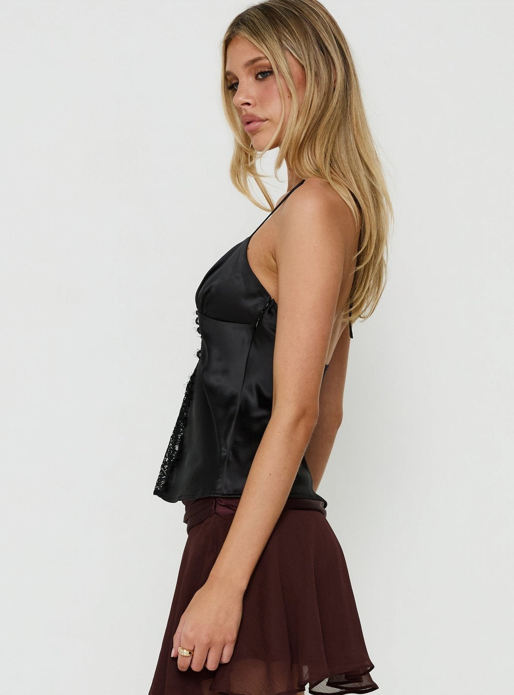 Deyla Lace Detail Tie Neck Satin Top Black