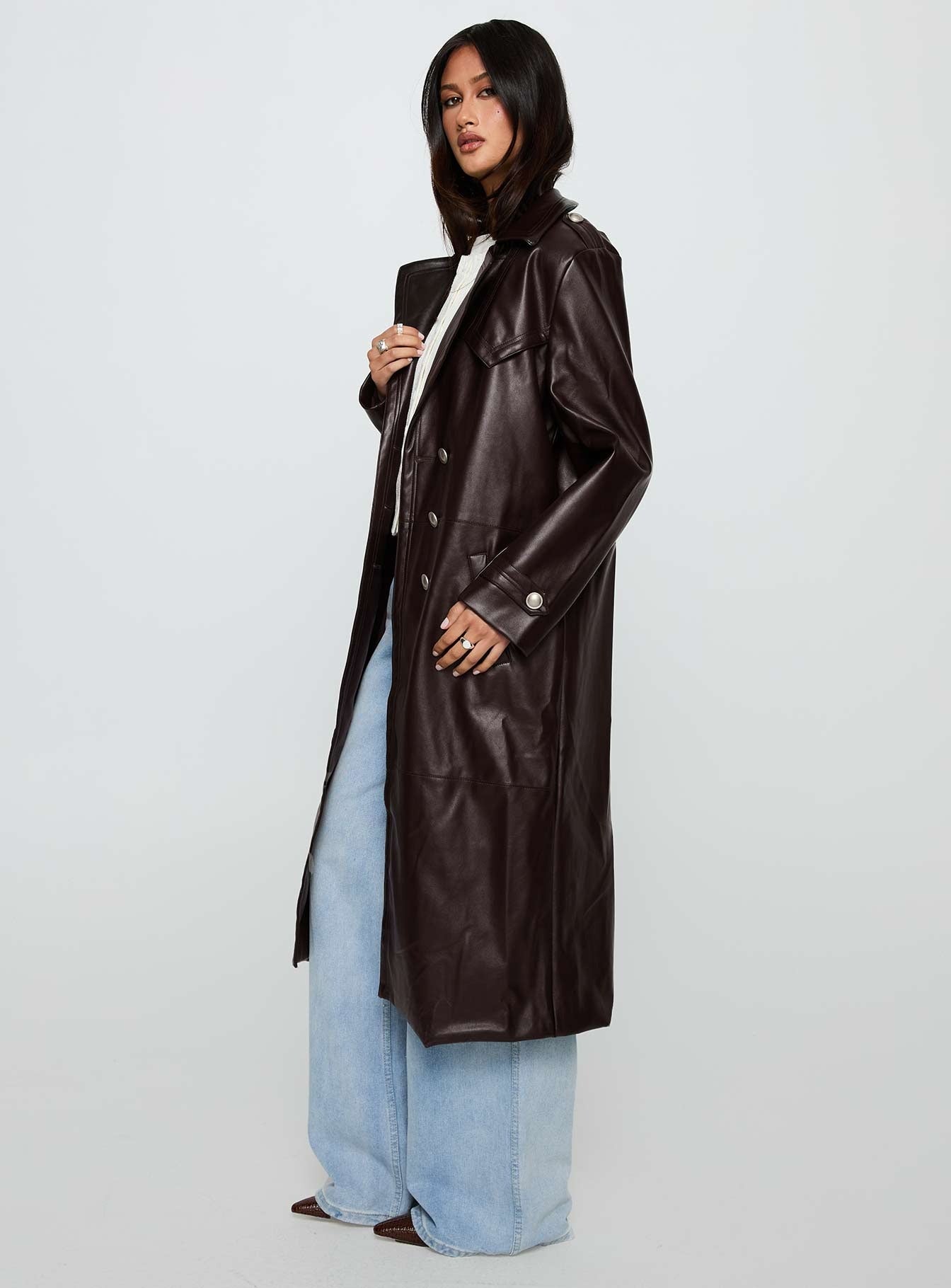 High Standards Faux Leather Trench Coat Brown