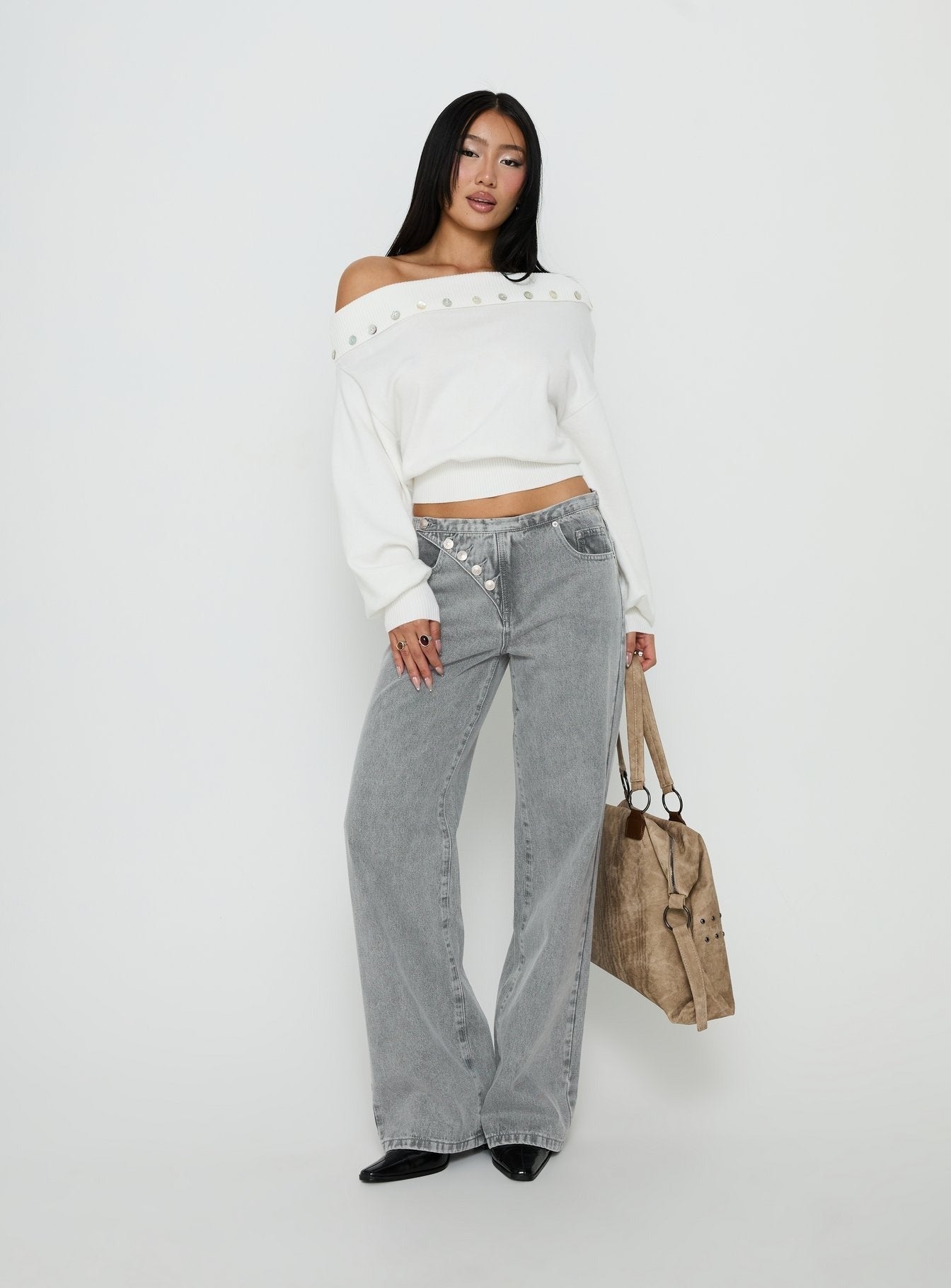 Kloud Off Shoulder Foldover Sweater White