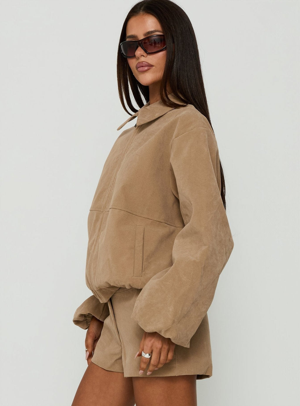 Esmeya Faux Suede Collared Bomber Jacket Beige