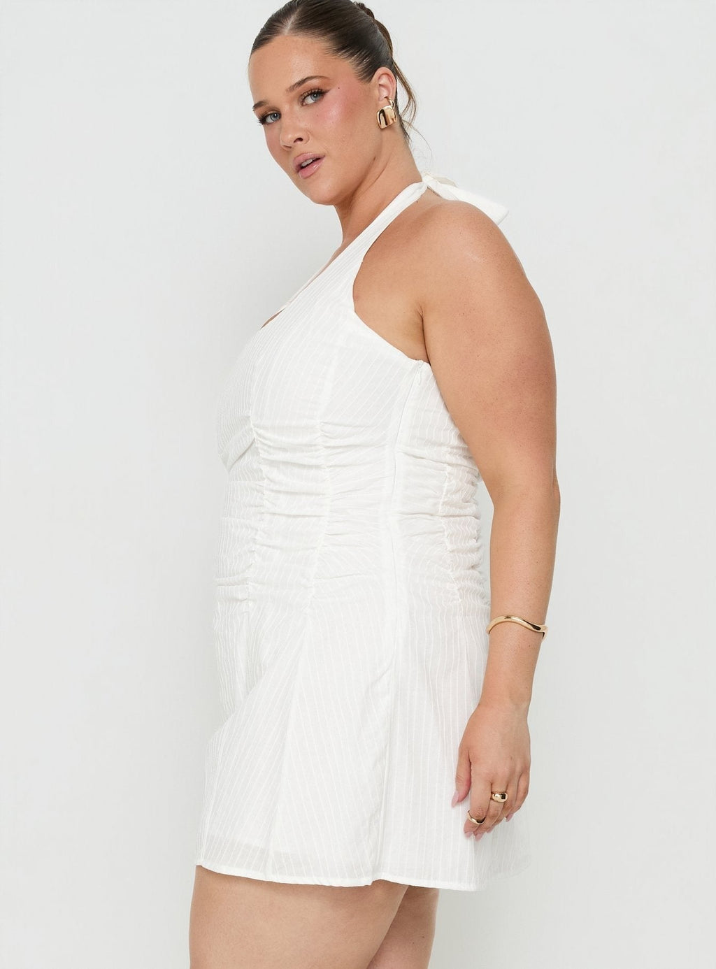 Silver Springs Halter Ruched Mini Dress White Curve