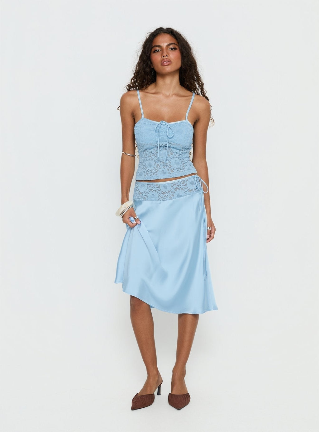 Evlin Lace Detail Satin Midi Skirt Blue