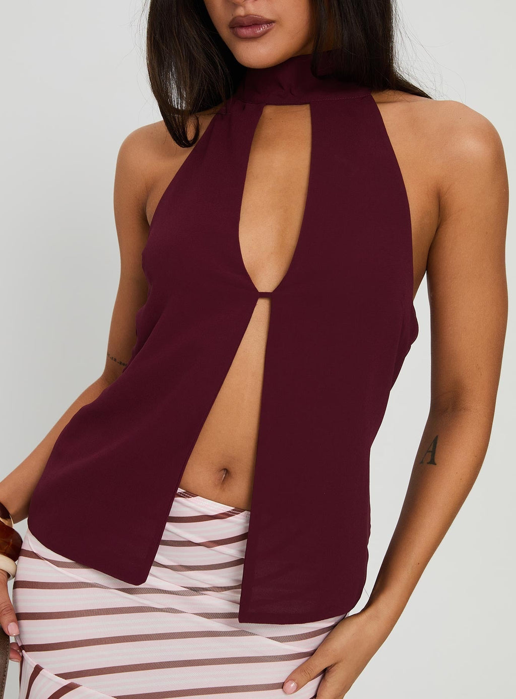 Rhevena Plunge Backless Top Wine