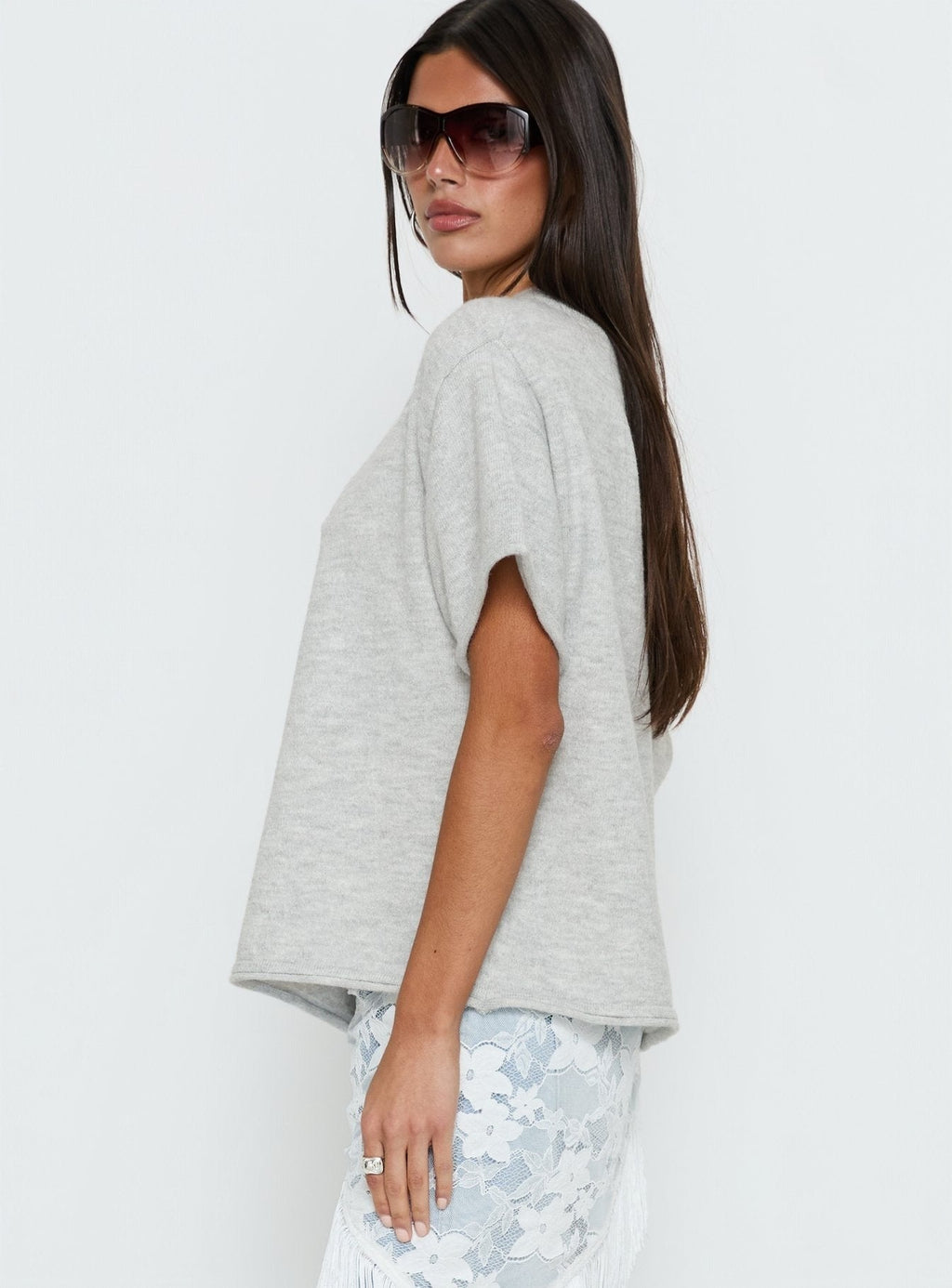 Kourta Off Shoulder Oversized Knit Top Grey Marle