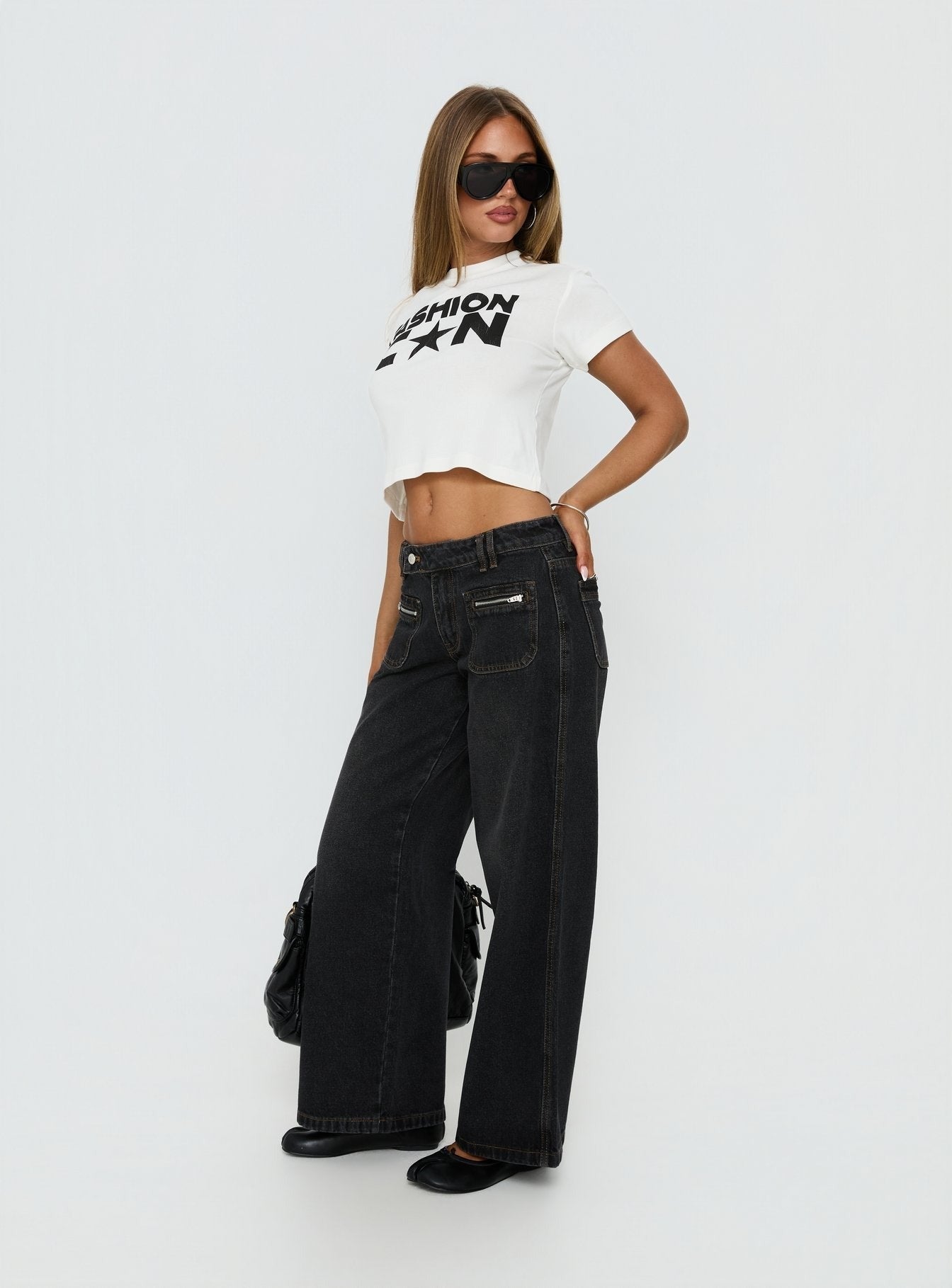 Lifetimes Mid Rise Wide Leg Cargo Jeans Washed Black