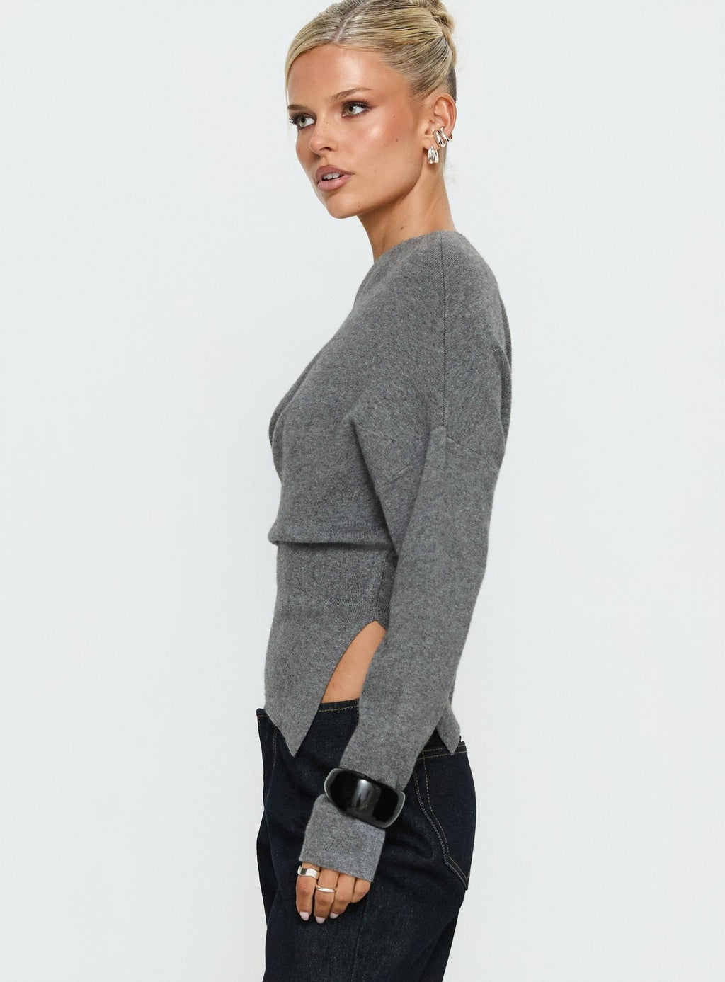 Kaelith Off shoulder Knit Sweater Dark Grey