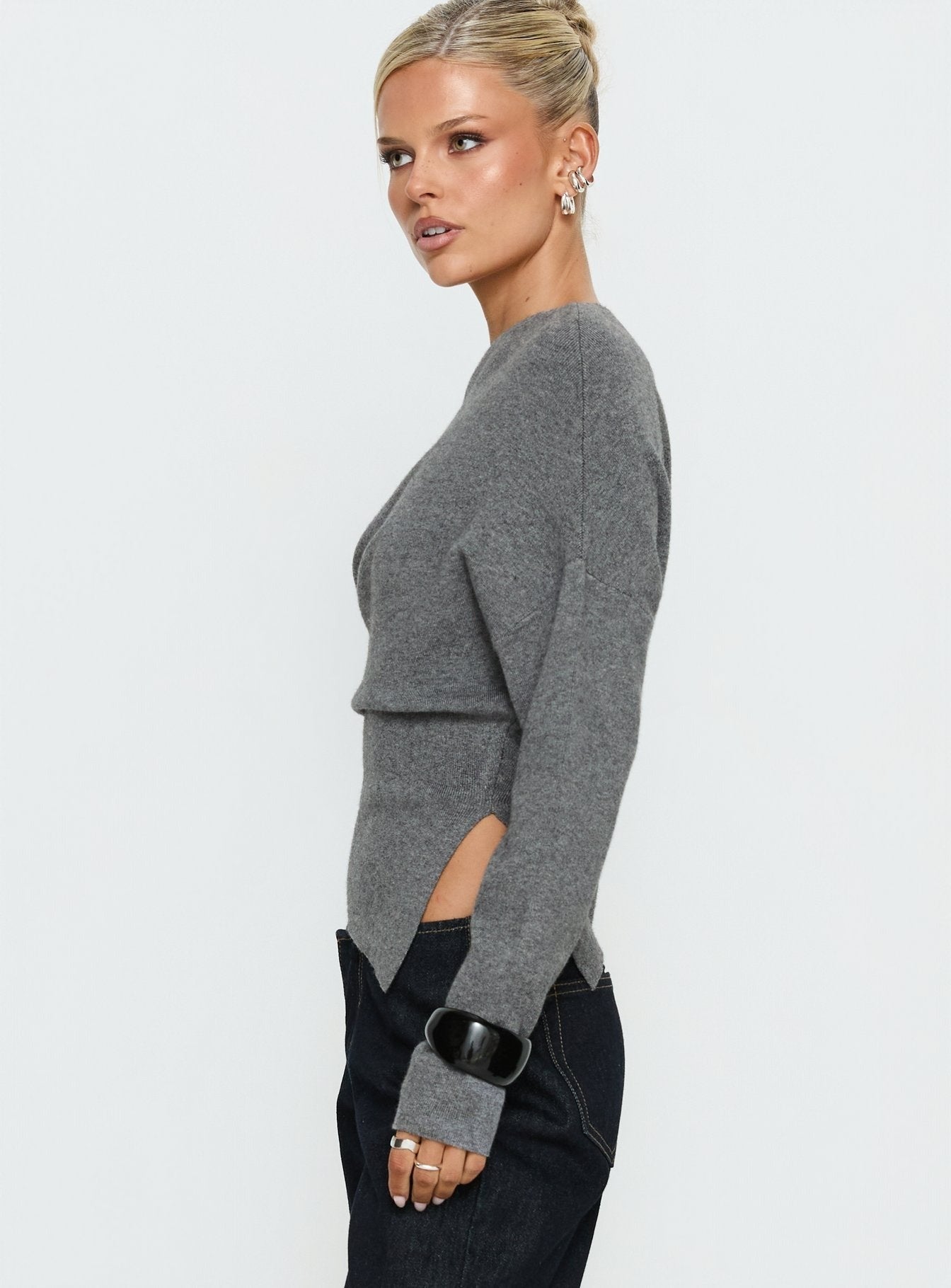 Kaelith Off shoulder Knit Sweater Dark Grey