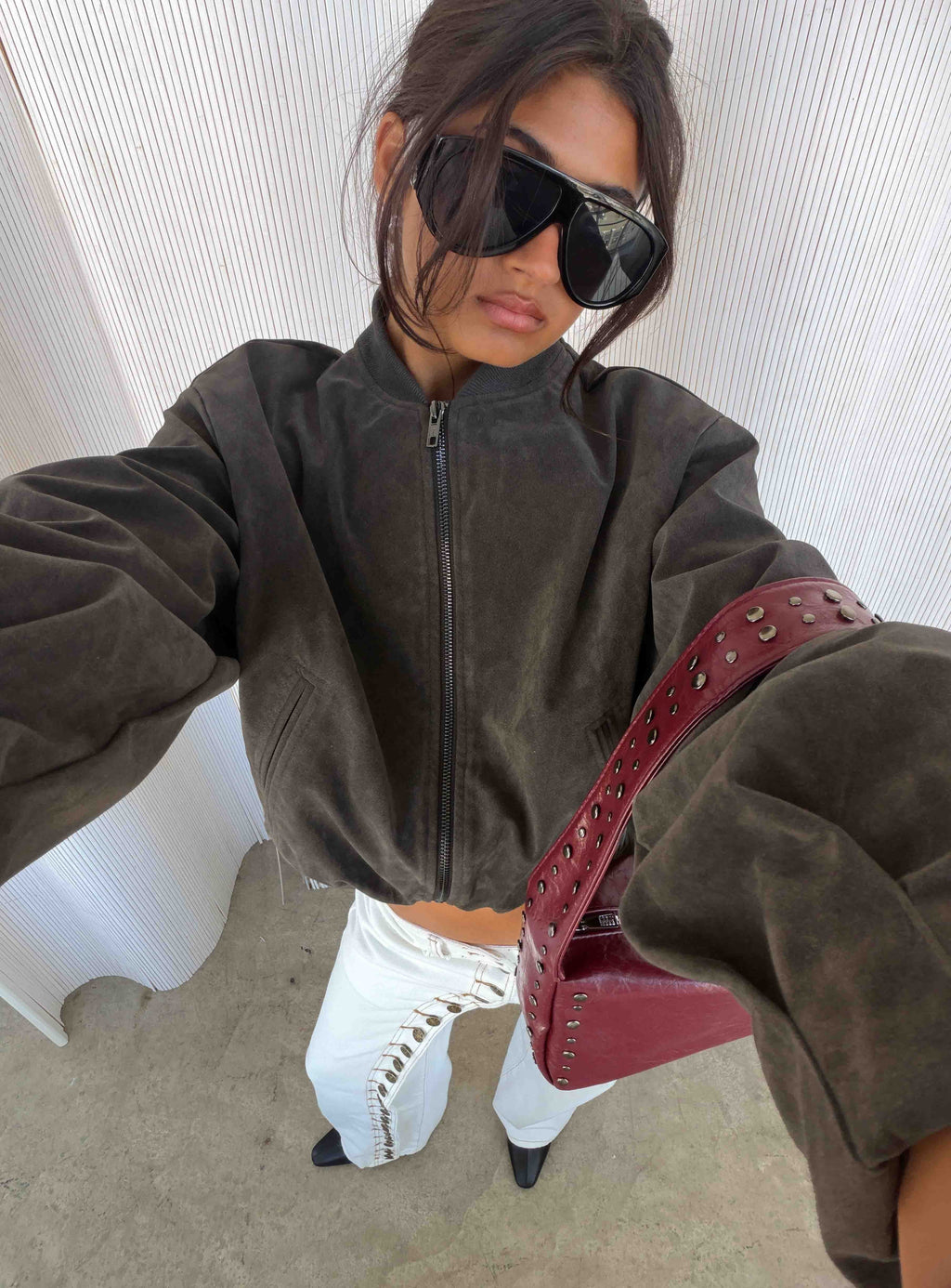 Mastery Faux Suede Bomber Jacket Charcoal